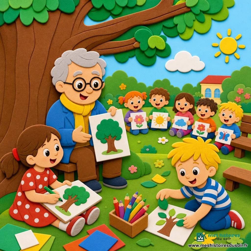Un instituteur souriant aux cheveux gris et lunettes rondes, veste bleue et écharpe jaune, assis sur une petite chaise en bois montre une feuille à des enfants : une fille de 6 ans en robe rouge à pois dessine un grand arbre au crayon vert à gauche, un garçon de 7 ans en t‑shirt rayé colle des gommettes à droite, d'autres tout‑petits rieurs (3–5 ans) sont en cercle sur l'herbe; activité artistique en plein air dans un jardin d'école ensoleillé avec pelouse, grand chêne, banc en bois, boîte de crayons et feuilles éparpillées, couleurs vives et textures visibles.