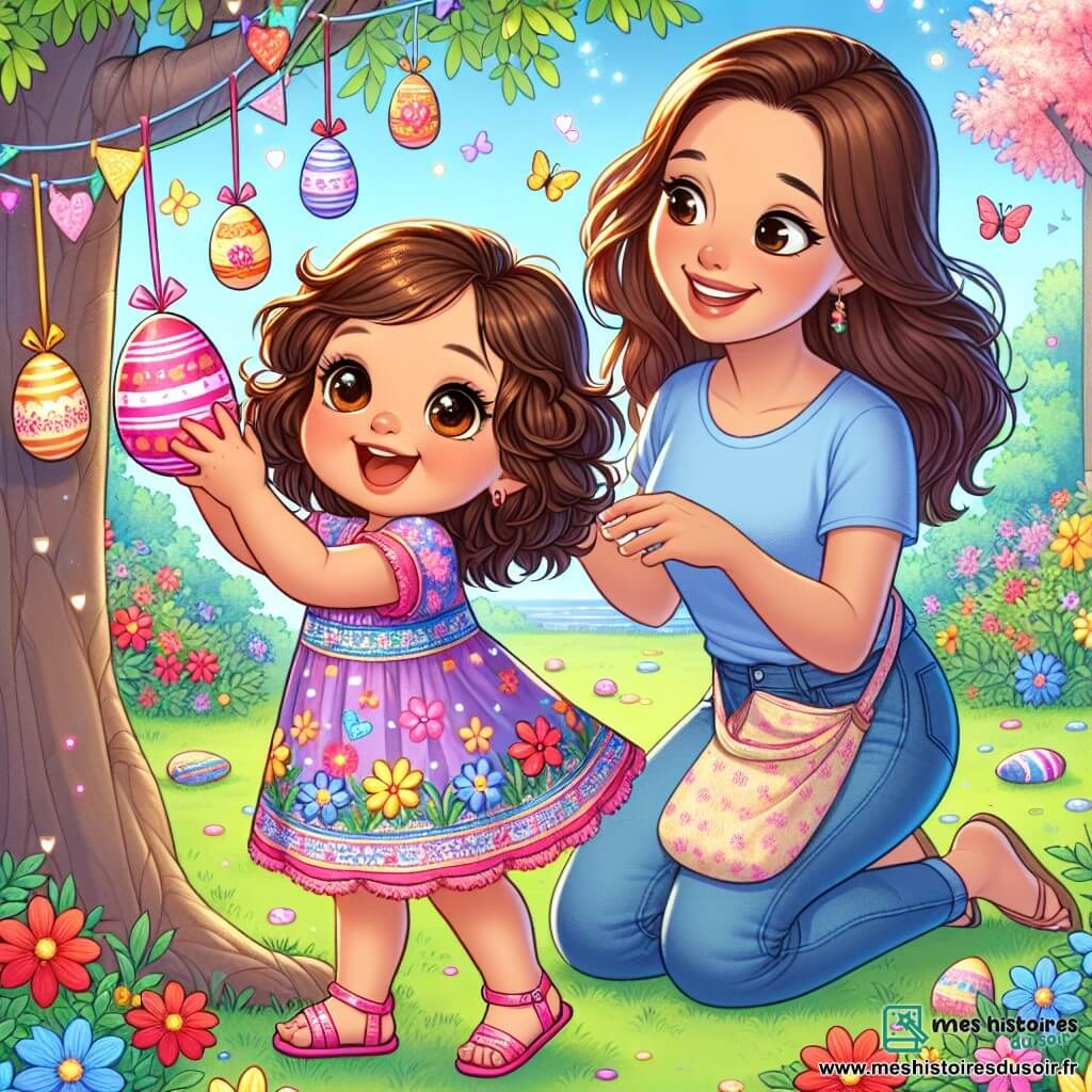 Lila, une petite fille d'un an aux grands yeux pétillants et aux cheveux bouclés châtains, sourit en tenant un œuf de Pâques rose décoré. Elle porte une robe colorée à motifs floraux et des sandales roses, dansant dans un jardin enchanté. À ses côtés, sa maman, une femme d'environ 30 ans avec des cheveux longs et lisses, habillée d'un t-shirt bleu et d'un pantalon en jean, accroche des décorations en papier sur un arbre tout en souriant tendrement à Lila. Le jardin est magique, rempli de fleurs éclatantes et de papillons, avec des œufs en chocolat cachés dans l'herbe verte. Lila et sa maman préparent le jardin pour Pâques, créant une atmosphère joyeuse et festive.