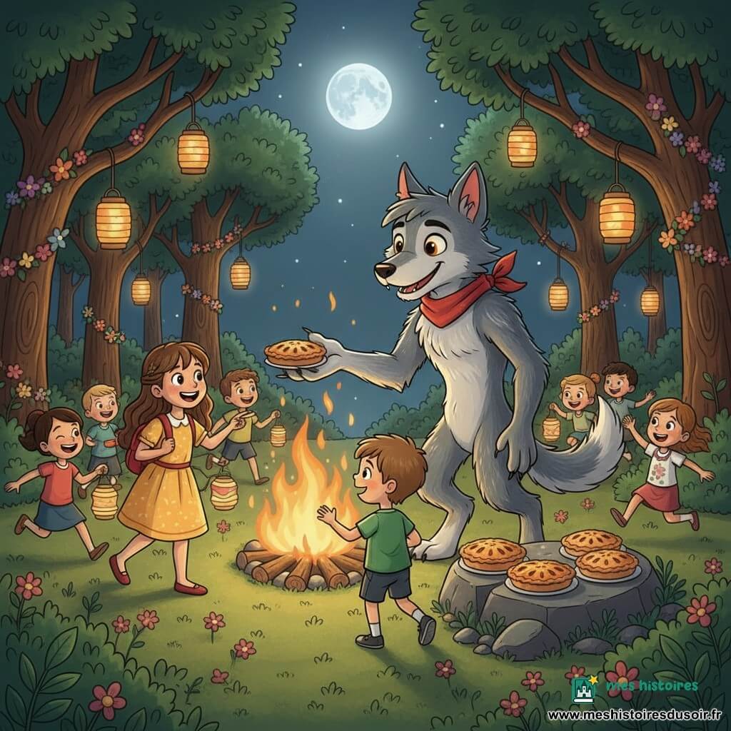 Orion, grand loup-garou au visage doux et pelage gris argenté, yeux ambrés, écharpe rouge et oreilles rondes, tend une patte offrant une tarte; à gauche Lila, 7 ans, cheveux bruns longs, robe jaune et sac à dos rouge, présente Orion aux enfants en souriant, Thomas, 6 ans, t-shirt vert, s'approche timidement pour toucher la patte; plusieurs enfants (4–8 ans) rient et jouent autour d'un feu de camp dans une clairière ronde aux arbres à feuilles vert foncé, sol couvert de mousse et petites fleurs roses, guirlandes florales et lanternes suspendues, tartes sur une grande pierre, fête nocturne sous une pleine lune, ambiance chaleureuse et sécurisante, Orion montré comme ami et protecteur; style : contours nets, formes simples et rondes, couleurs vives et textures douces adaptées aux enfants.