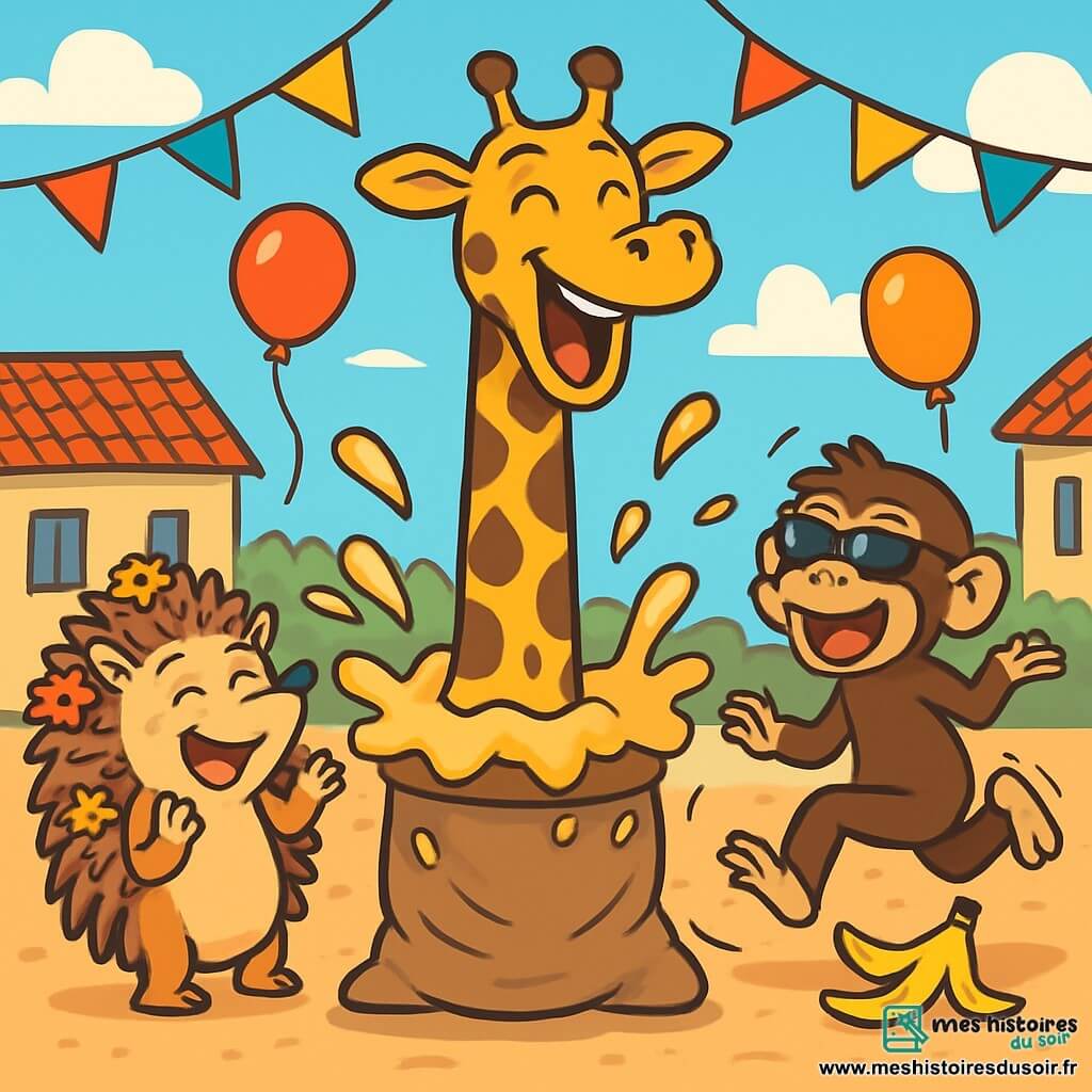 Une girafe nommée Gaston, avec un long cou tacheté et un large sourire, est au centre de la scène, entourée de compote de pommes. À sa droite, Balthazar le chimpanzé rit en glissant sur une peau de banane, et à gauche, Renée le hérisson applaudit en riant. En arrière-plan, la place du village est décorée de banderoles, de ballons et d’un vieux baobab, sous un ciel bleu. La scène illustre le moment hilarant où Gaston, après être tombé dans la bassine de compote, fait rire tous les animaux lors de la Course en sac.