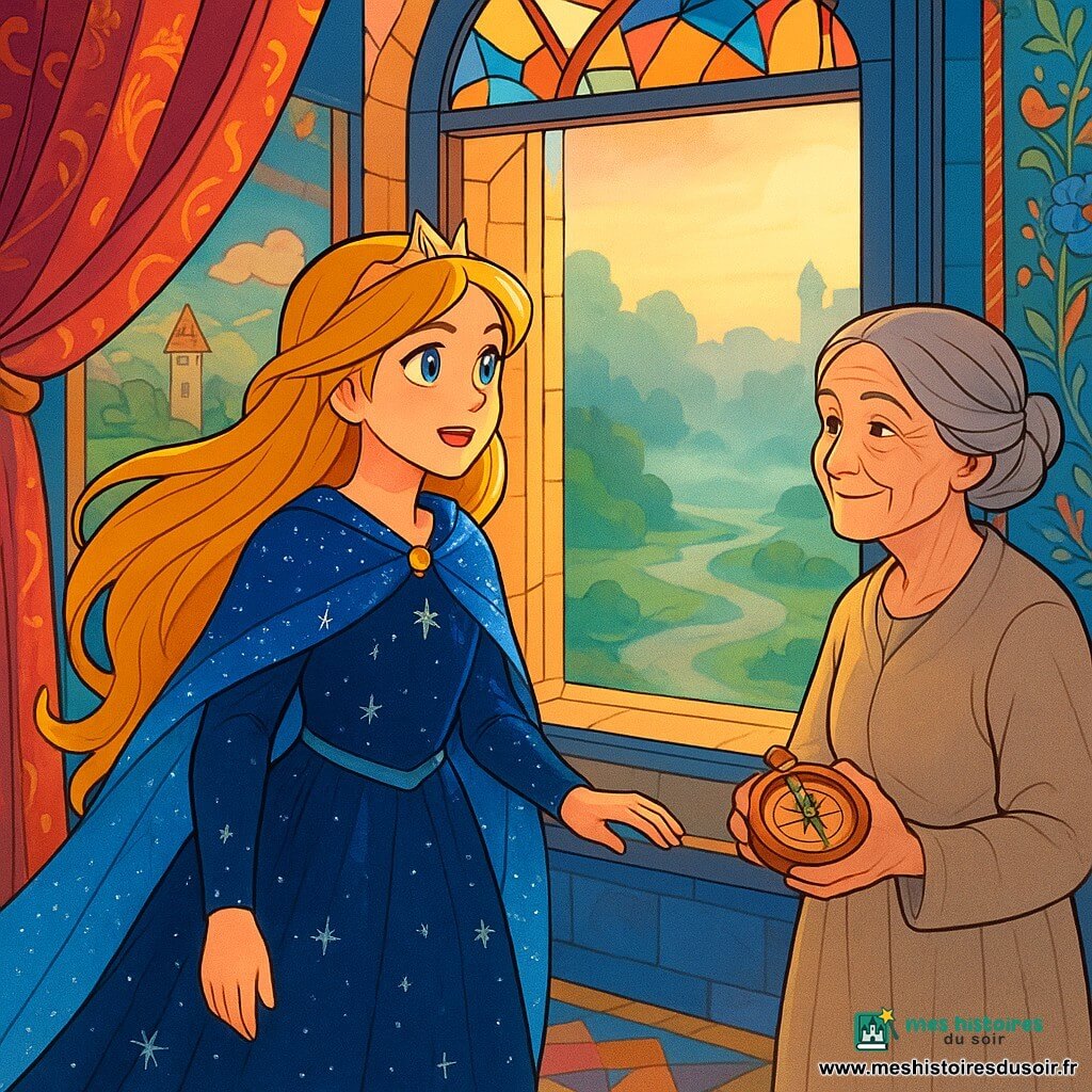 La princesse Eléana, une jeune fille d'environ douze ans, se tient à la fenêtre de sa chambre au château, ses longs cheveux dorés flottant. Son visage exprime excitation et détermination, ses yeux brillants reflétant la lumière du matin. Elle porte une robe en velours bleu nuit ornée de motifs d'étoiles argentées et une cape scintillante. À ses côtés, Dame Lys, une vieille nourrice bienveillante, l'observe avec un sourire. Elle est vêtue d'une robe simple en lin beige et tient une boussole, prête à guider Eléana. La chambre est décorée de tapisseries colorées, et la lumière du soleil filtre à travers les vitraux. À l'extérieur, le jardin est enveloppé d'une brume légère. Eléana, déterminée, se prépare à partir à la recherche de la clé magique pour dissiper la brume qui enveloppe son royaume, tandis que Dame Lys lui murmure des encouragements.