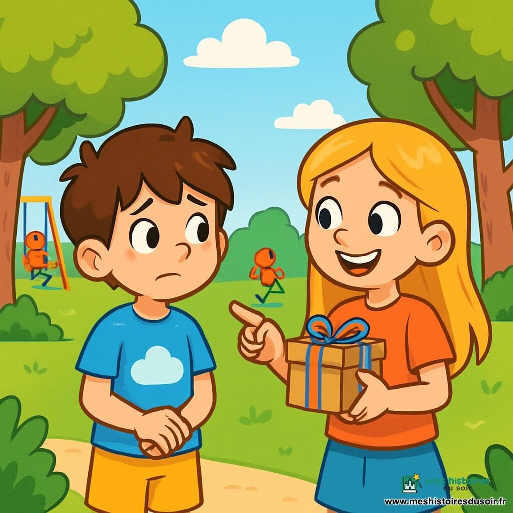 Théo, un garçon de 8 ans aux cheveux bruns en bataille et aux yeux curieux, se tient dans un parc verdoyant avec un léger sourire et une expression d'hésitation. Il porte un t-shirt bleu avec un dessin de nuage et un short jaune. À côté de lui, sa grande sœur Lila, 9 ans, avec de longs cheveux blonds et des yeux brillants d'excitation, tient une boîte en carton décorée d'un ruban coloré, prête à révéler une surprise. Le parc est animé par des enfants jouant au loin et un petit chien courant dans l'herbe. Théo hésite à partager leur secret pour leur maman, tandis que Lila l'encourage à garder le mystère, créant une atmosphère de complicité.