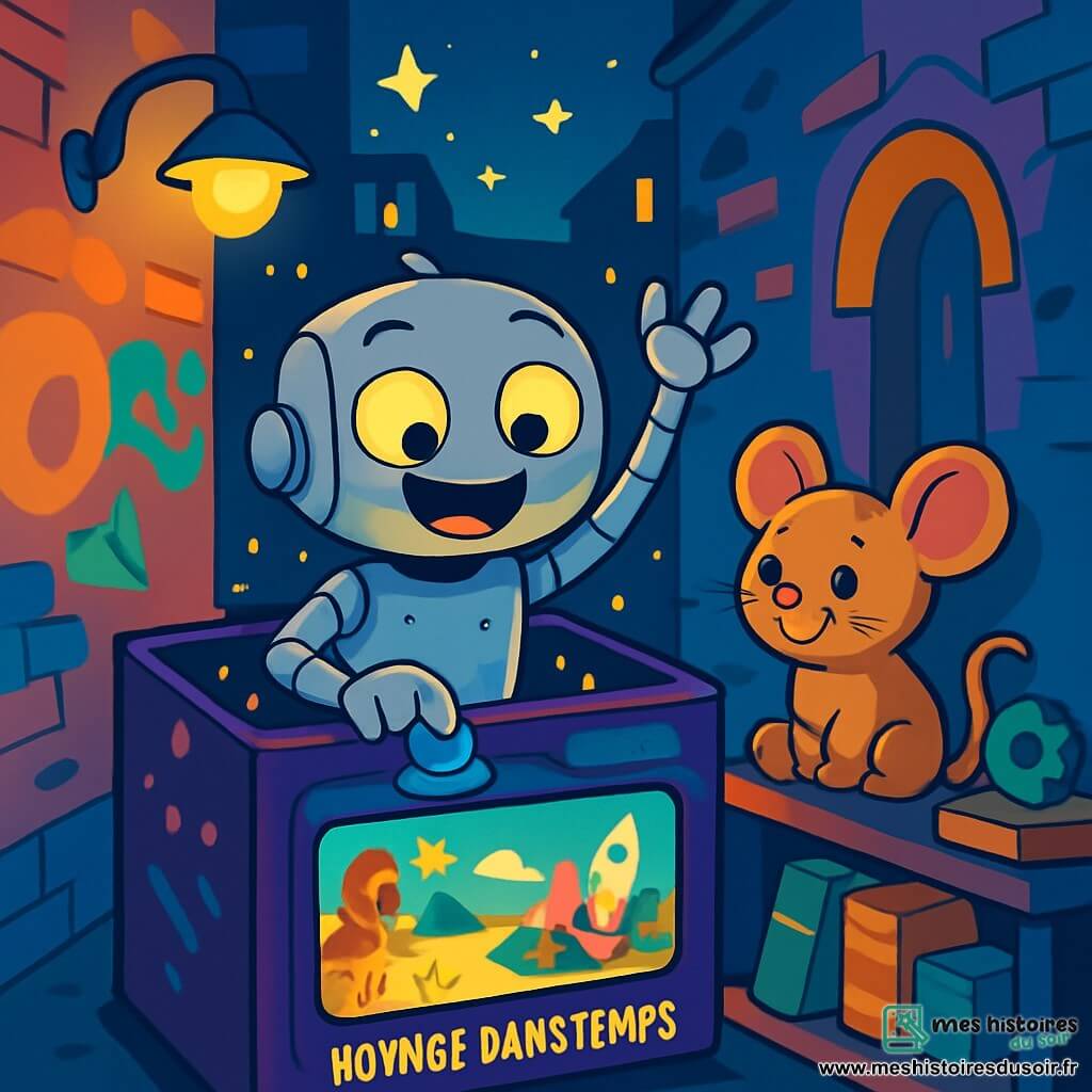 Léo, un petit robot en métal argenté avec des yeux lumineux et un grand sourire, se trouve dans une boîte futuriste remplie de lumières. Il appuie avec enthousiasme sur un bouton bleu, les bras levés. À côté de lui, une souris en peluche, admirative, le regarde depuis une étagère entourée de gadgets et de vieux livres. La boîte est située dans une ruelle sombre mais magique, ornée de graffitis colorés et de lampadaires scintillants, sous un ciel étoilé. Léo explore un monde fascinant à l'intérieur de la boîte, prêt à voyager dans le temps, avec des images du passé et du futur projetées sur un écran, créant une atmosphère d'aventure.