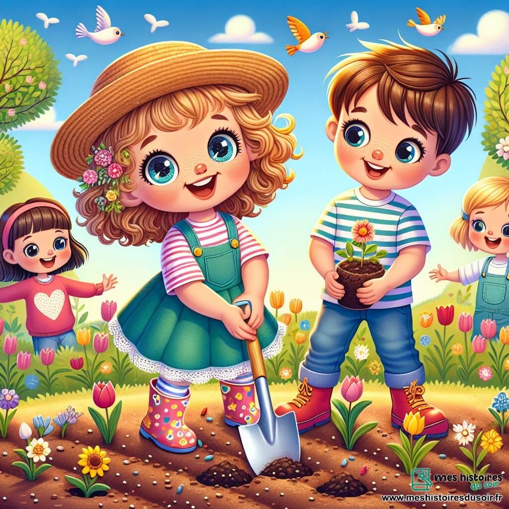 Emma, une petite fille de 4 ans aux grands yeux pétillants et aux cheveux blonds bouclés, porte un chapeau de paille et des bottes de jardinage colorées. Elle plante des graines de fleurs dans un jardin ensoleillé, rayonnante de joie. À ses côtés, son grand frère Léo, 8 ans, aux cheveux bruns et en t-shirt rayé, sourit avec une petite pelle, prêt à l'aider. Le jardin est rempli de terre brune et de petites pousses vertes, bordé de tulipes et de jonquilles, tandis que des oiseaux chantent dans les arbres. Emma et Léo sont entourés de camarades de classe, tous en train de planter des graines ensemble sous un ciel bleu clair, célébrant le printemps.