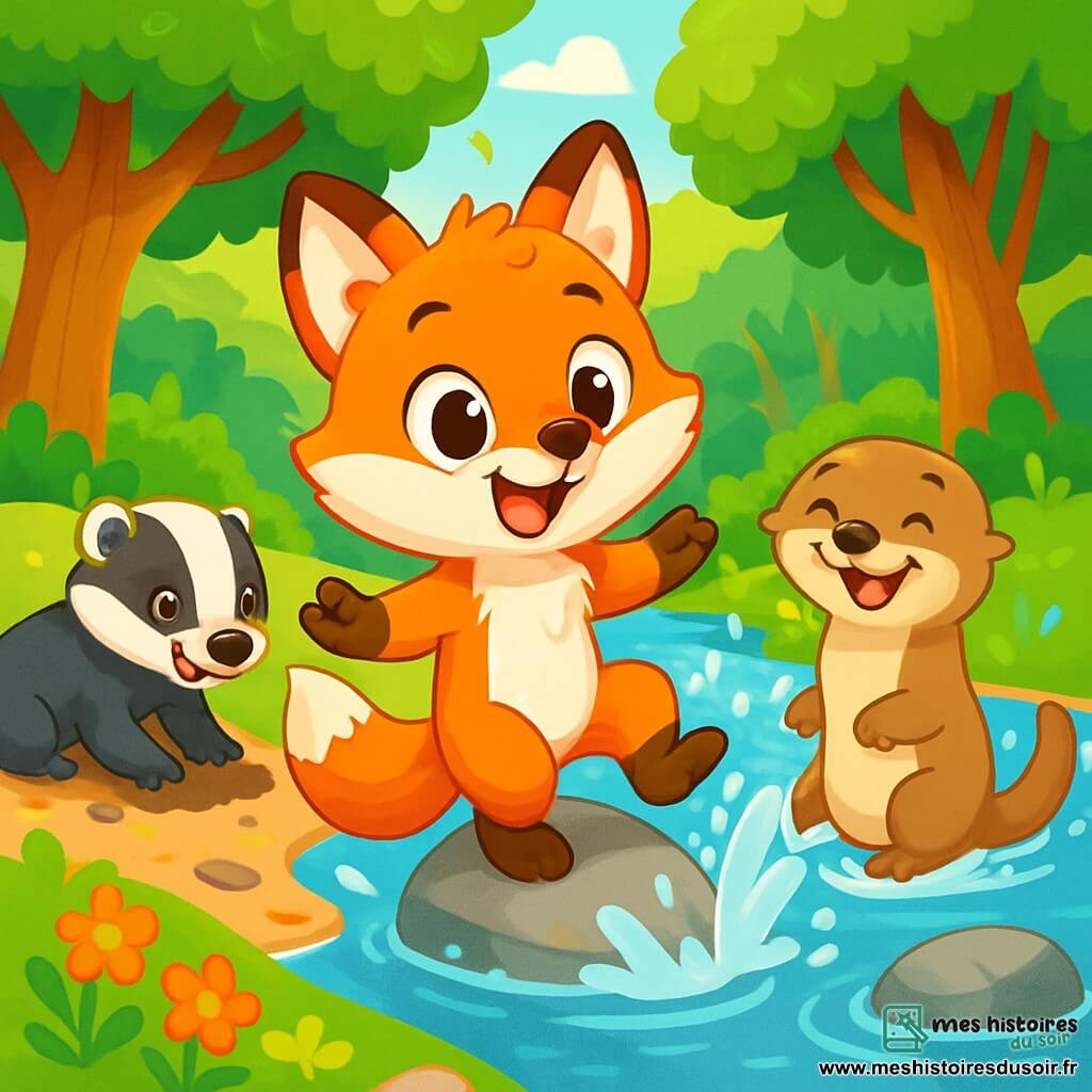Un jeune renard au pelage roux, avec de grands yeux curieux et un sourire malicieux, glisse sur une pierre mouillée près d'une rivière, éclaboussant l'eau. À sa droite, une loutre au pelage brun clair rit en glissant à ses côtés, tandis qu'à gauche, un blaireau noir et blanc creuse dans le sol. Le décor est une forêt vibrante avec des arbres verts, des fleurs colorées et une rivière scintillante. La scène illustre un moment de partage et de joie entre amis, unis dans leurs jeux.