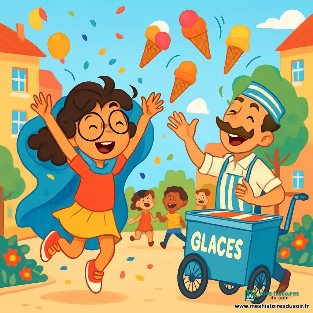 Lila, une jeune fille souriante d'environ 8 ans, porte une cape bleue qui flotte autour d'elle. Ses lunettes rondes brillent d'excitation, et ses cheveux bouclés dansent au vent. Elle saute joyeusement, les bras levés, entourée de confettis colorés. À côté, un vendeur de glaces d'une quarantaine d'années, avec une moustache enroulée et un tablier rayé, rit en essayant de rattraper des cornets de glace qui s'envolent, près de sa glacière roulante. Le décor est une place animée avec des bâtiments colorés, des enfants jouant, des arbres aux feuilles éclatantes, des ballons dans le ciel bleu et des fleurs colorées. Lila utilise sa cape magique pour aider le vendeur à récupérer ses cornets, créant une atmosphère de fête et de rires.