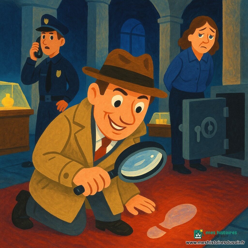 Un détective adulte au visage souriant mais concentré, imperméable beige et fedora brun, scrute avec une loupe une empreinte brillante devant un coffre-fort ouvert; une gardienne de musée d’environ 40 ans, uniforme bleu marine froissé, mains derrière le dos, paraît coupable et triste à côté du coffre; un jeune policier d’environ 25 ans, moustache légère, uniforme sombre et téléphone à l’oreille, se tient en arrière-plan à gauche, prêt à intervenir; décor : musée nocturne aux grandes colonnes marbrées, vitrines basses éclairées d’un halo jaune chaud, tapis rouge usé, clair-obscur aux ombres longues, tensions mystérieuses, composition centrée, couleurs chaudes contrastées par ombres bleutées, traits nets et textures de peinture acrylique visibles.