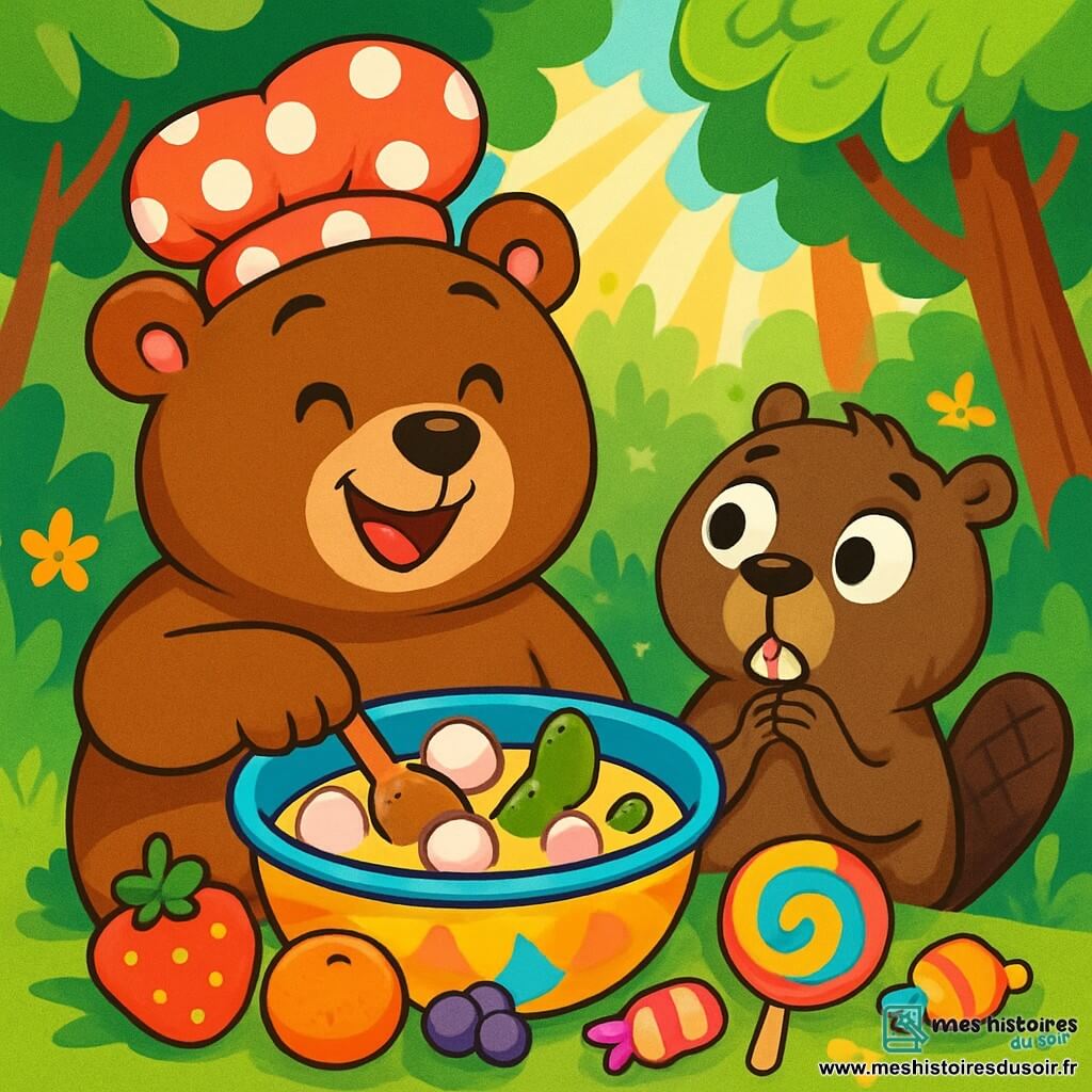 Un ours brun nommé Oscar, portant un chapeau à pois rouge et blanc, sourit joyeusement en mélangeant des ingrédients dans un grand bol coloré, entouré de fruits et de bonbons. À côté de lui, Paco le castor, intrigué, observe la recette d'Oscar. En arrière-plan, la forêt de Babillou est pleine d'arbres verts, de fleurs colorées et de rayons de soleil. Oscar crée une tarte farfelue avec des ingrédients inattendus comme des chamallows et des cornichons, tandis que Paco s'interroge sur le résultat final.