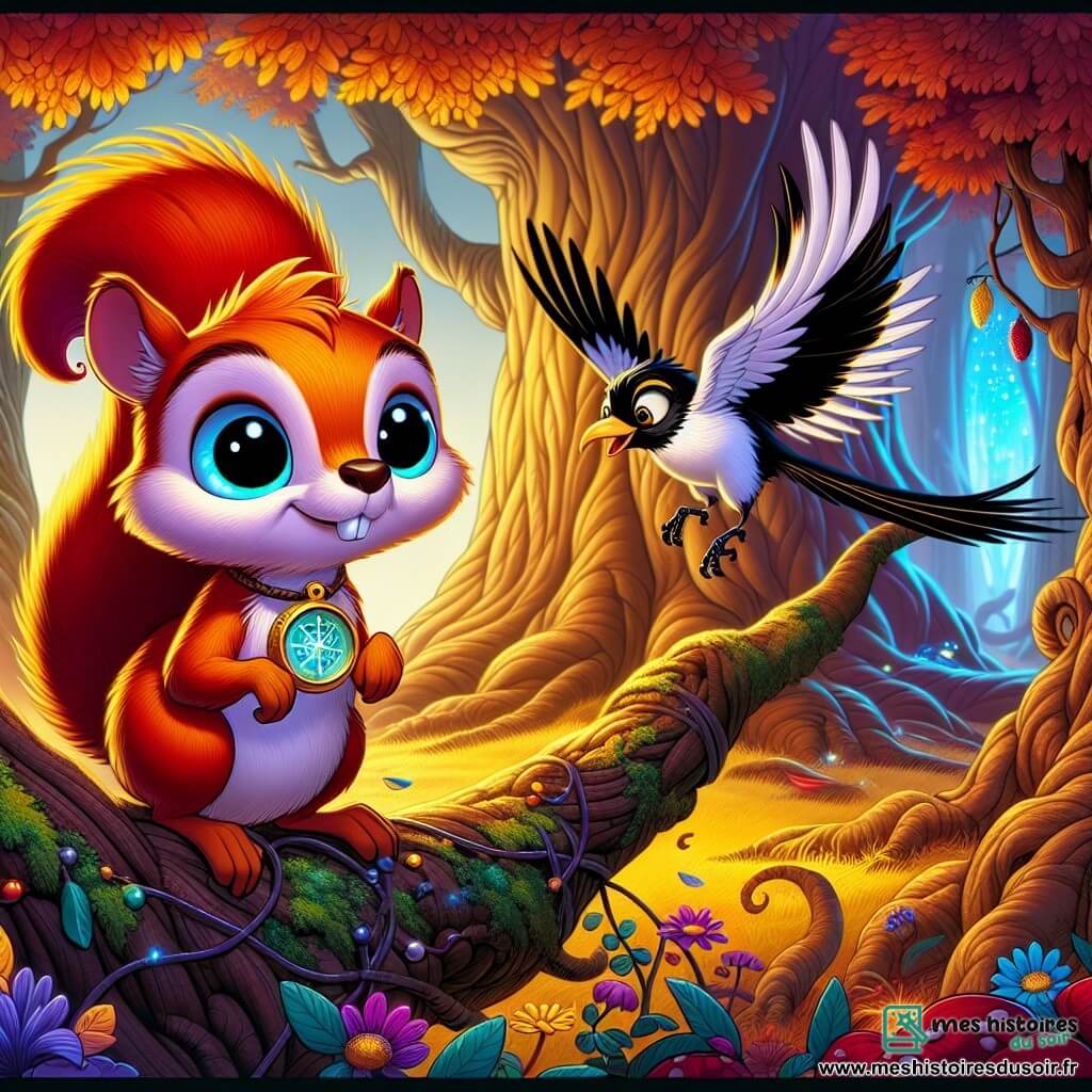Au cœur d'une forêt enchantée, un jeune écureuil nommé Pistache, au pelage roux et aux yeux curieux, se tient sur une branche avec une boussole magique autour du cou, prêt pour l'aventure. À ses côtés, sa meilleure amie, une pie nommée Plume, vole joyeusement autour de lui, pleine d'enthousiasme. Le décor est composé d'arbres majestueux, d'une lumière dorée filtrant à travers les feuilles et de fleurs colorées. Une lueur bleue mystérieuse émane d'un vieux chêne. Pistache et Plume sont prêts à s'élancer vers l'inconnu pour trouver la Perle du Ciel, affichant courage et excitation, tandis que des lucioles illuminent leur chemin.