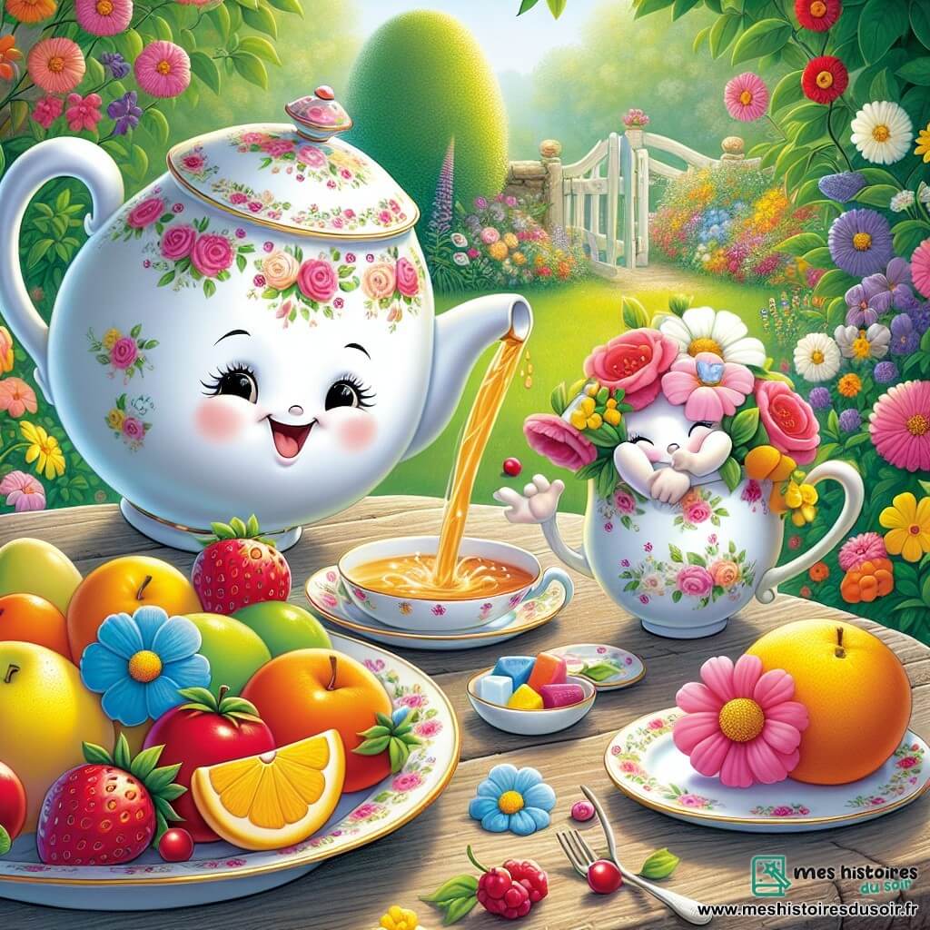 Une petite tasse en porcelaine blanche nommée Tilly, ornée de motifs floraux, sourit en versant du thé sur une table en bois, entourée de fleurs colorées. À côté, une grande assiette colorée nommée Alia, pleine de fruits juteux, affiche une expression enthousiaste, ses couleurs vives contrastant avec le vert du jardin. Un petit pot de fleurs nommé Poppy, avec des pétales roses et un visage amical, sourit et applaudit devant la table, entouré de fleurs dansantes. Dans ce jardin ensoleillé, Tilly, Alia et Poppy partagent un goûter coloré, célébrant leurs différences avec des rires et des sourires, illustrant la tolérance et l'amitié.