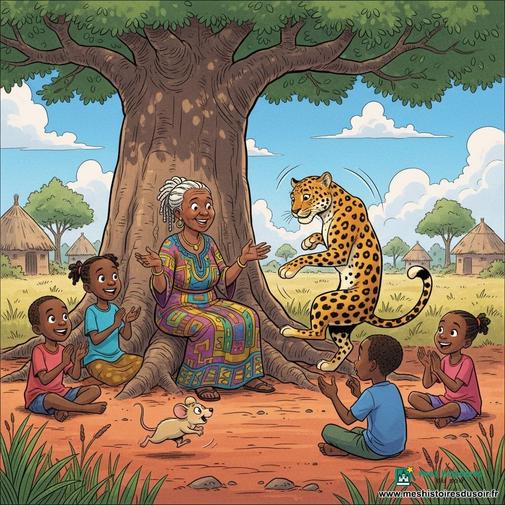 Mama Nala, vieille femme souriante aux cheveux blancs torsadés et robe colorée, est assise sous un grand baobab, mains ouvertes en train de conter; Lila, petite souris beige maline, se faufile près des racines en regardant triomphalement Tano, le léopard mâle tacheté, surpris et tournant autour de l'arbre; quatre enfants du village assis autour rient et s'émerveillent; clairière ensoleillée au sol rouge-orange, baobab imposant, huttes au loin et ciel bleu — ambiance joyeuse et couleurs vives.