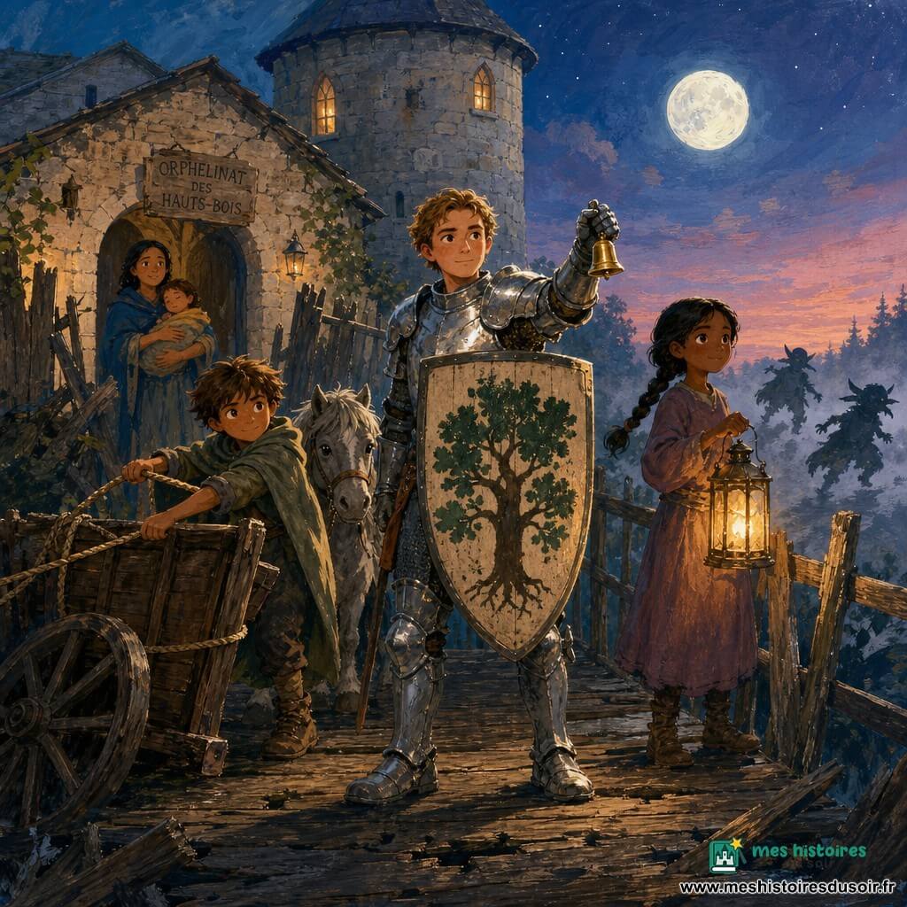 Un chevalier nommé Armand au visage doux mais concentré, armure argentée légèrement cabossée reflétant la lune, tenant devant lui un bouclier peint d’un chêne et sonnant une petite clochette, se tient droit sur un vieux pont de bois craquant; derrière lui à gauche, Tom, garçon d’environ 8 ans aux cheveux châtain en bataille et cape trop grande, tire une corde autour d’une charrette renversée pour fermer la barrière; à droite près de la rambarde, Lila, fille d’environ 9 ans en robe simple et tresse, tient une lanterne en fer qui diffuse une lumière chaude; Dame Mirelle, adulte au châle bleu et visage soulagé, apparaît à la porte de l’orphelinat en pierre claire avec tour ronde et fenêtres éclairées, tenant un enfant endormi; Plume, petit cheval gris aux sabots boueux, stationne calmement derrière Armand près de Tom. La scène nocturne légèrement brumeuse virant à l’aube rose montre des silhouettes sombres de Gringrins s’éloignant dans la brume, une victoire tranquille sur les visages; composition centrée sur Armand et Tom, format paysage, couleurs gouache douces avec textures de pinceau, contraste entre la lumière chaude de la lanterne et la lune froide.