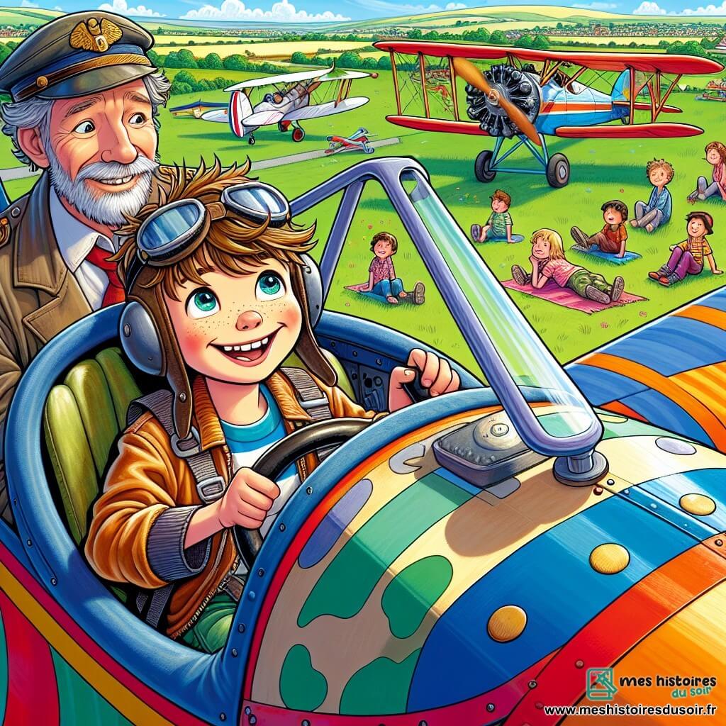 Lucas, un garçon de douze ans aux cheveux bruns en bataille et aux yeux pétillants, est assis dans le cockpit d'un biplan coloré, souriant en tenant le volant. À ses côtés, Monsieur Gérard, un pilote d'une cinquantaine d'années avec une barbe grisonnante, l'observe avec fierté. L'aérodrome est entouré de collines verdoyantes, avec des avions stationnés et un ciel bleu parsemé de nuages. Au loin, des enfants admirent la scène. Lucas pilote pour la première fois, mêlant excitation et nervosité, découvrant la beauté du monde vu d'en haut.