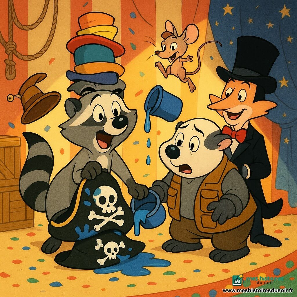 Zip, un raton laveur aux yeux vifs et à la queue rayée noire et grise, sourit émerveillé avec plusieurs chapeaux empilés de travers, une patte posée sur un chapeau pirate tâché de peinture bleue ; Balthazar, un blaireau trapu en gilet à poches avec un large pinceau derrière l’oreille, tient un pot de peinture bleue renversé et affiche surprise et tendresse à côté de Zip ; Mirliton, un magicien élégant en haut-de-forme noir, observe amusé pendant qu’un petit perroquet factice bleu dépasse du chapeau pirate ; une minuscule souris acrobate fait un salto au-dessus d’un chapeau volant au premier plan ; en arrière-plan, les coulisses du cirque — toile rayée rouge et blanche, caisses empilées, cordes pendantes, rideaux étoilés — et partout des confettis multicolores, des grelots qui tintent et des gouttes de peinture bleue, l’ensemble baigné par un éclairage chaud de projecteur créant une atmosphère festive et joyeusement chaotique.
