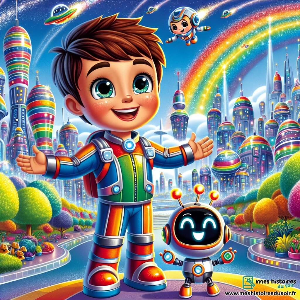 Un garçon de 6 ans, Tom, aux cheveux châtains et aux yeux curieux, porte une combinaison colorée qui brille au soleil. Il sourit, les bras ouverts, prêt à explorer sa ville futuriste. À ses côtés, Spark, un robot rond et joyeux, fait une pirouette. En arrière-plan, la ville de Lumina s'étend avec ses tours en forme d'arcs-en-ciel, des maisons aux couleurs changeantes et des arbres luxuriants sur les toits. Le ciel est bleu, parsemé de voitures volantes. Tom et Spark se tiennent devant un immense parc aux balançoires flottantes, entouré de jardins suspendus où des oiseaux robots chantent, et Tom est prêt à découvrir ses secrets.