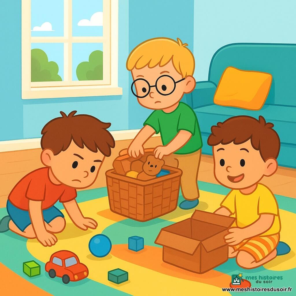 Trois garçons de 4 ans sont présents : Hugo, accroupi sous la table, avec des cheveux bruns, un t-shirt rouge et un short bleu ; Malo, debout et fouillant dans le panier à jouets, avec des cheveux blonds, des lunettes rondes, un t-shirt vert et un pantalon beige ; et Paul, assis sur le tapis, tenant une boîte à chaussures ouverte, avec des cheveux châtains, un t-shirt jaune et un short à rayures. Ils se trouvent dans un petit salon lumineux avec un grand tapis coloré, des murs bleu clair et des jouets éparpillés. Les garçons cherchent leur balle bleue disparue, affichant des expressions déterminées dans une ambiance ludique et joyeuse.