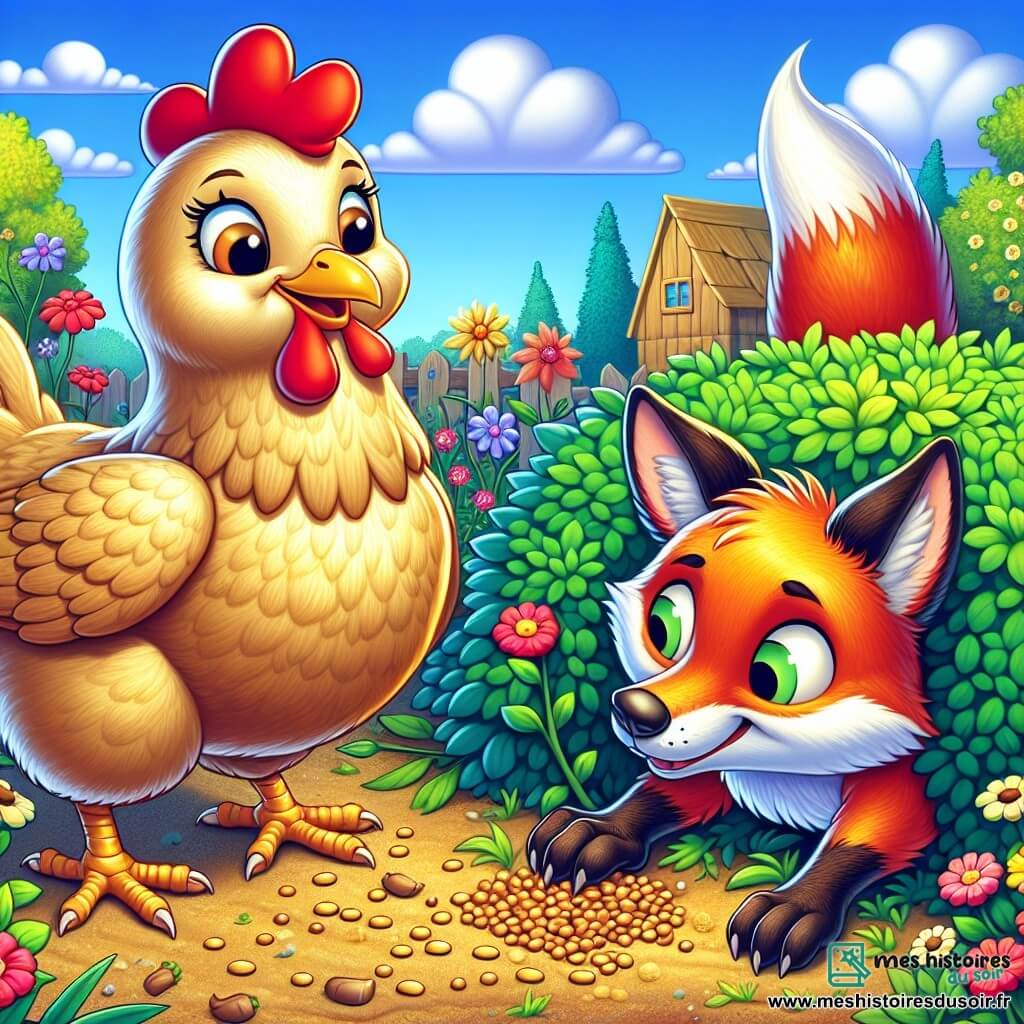 Au centre de l'image, Coquette, une poule aux plumes dorées, picore des graines avec un regard curieux. À côté, le Renard Rusé, coincé dans un buisson, semble inquiet mais reconnaissant en essayant de se libérer. Le décor est un jardin coloré avec des fleurs éclatantes, un ciel bleu clair et une petite cabane en bois au fond. Coquette s'approche courageusement du buisson pour aider son ami, illustrant l'entraide et l'amitié entre les animaux.