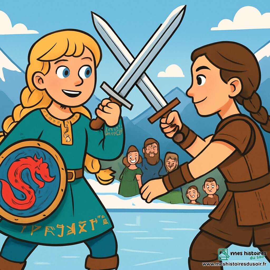 Une jeune femme viking, Astrid, se tient au centre d'un lac gelé, ses yeux brillants d'excitation et de détermination. Elle porte une tunique brodée de runes protectrices et un bouclier orné d'un dragon, avec un sourire confiant. À sa droite, Ingrid, une guerrière d'un clan rival, observe Astrid avec respect, prête à engager le duel. Le lac est entouré de montagnes enneigées, le ciel est bleu, et des spectateurs curieux se tiennent sur les rives, impatients de voir le combat. La scène montre Astrid et Ingrid en pleine joute, leurs épées s'entrechoquant, symbolisant le courage et une amitié naissante entre deux clans.