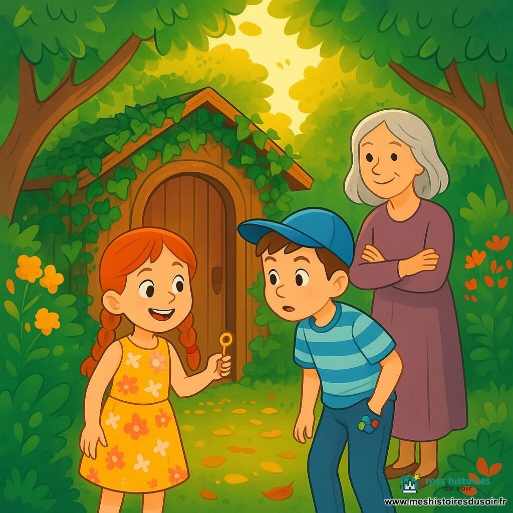 Trois personnages sont présents : Mila, une fille de 8 ans avec des tresses rousses et une robe à fleurs, tenant une clé dorée avec un sourire malicieux ; Tom, un garçon de 8 ans en casquette bleue et t-shirt rayé, curieux et déterminé ; et Madame Lila, une femme âgée aux cheveux argentés, souriante et les bras croisés près de la porte de la cabane. L'action se déroule dans un jardin secret, avec une cabane en bois recouverte de lierre, entourée de fleurs colorées et de buissons. Mila et Tom, émerveillés, se tiennent devant la porte ouverte de la cabane, prêts à explorer, tandis que Madame Lila les observe avec bienveillance.