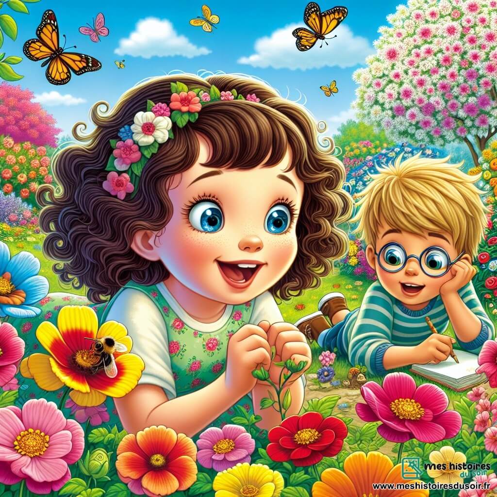 Léa, une fille de 10 ans aux cheveux bouclés et aux yeux pétillants, est accroupie dans un jardin coloré, entourée de fleurs éclatantes. Elle porte une robe légère à motifs floraux et sourit joyeusement. À côté d'elle, Maxime, son ami de 10 ans aux cheveux bruns et lunettes rondes, observe une abeille butinant une fleur avec fascination. Un peu plus loin, Chloé, une autre amie avec des tresses blondes, dessine les fleurs dans son carnet, assise sur l'herbe. Le jardin est un tableau de printemps, rempli de fleurs, d'arbres en fleurs et de papillons, sous un ciel bleu parsemé de nuages. Ensemble, ils explorent les merveilles du printemps, observant les insectes et notant leurs découvertes, créant un moment de joie et d'apprentissage dans la nature.