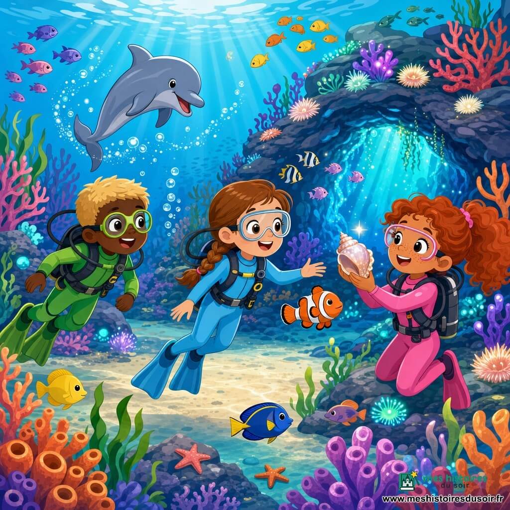 Trois enfants explorent une clairière sous-marine près d'une grotte brillante : une fille de 9 ans aux cheveux bruns en tresse et peau claire en combinaison bleu ciel nage au centre la main tendue vers un poisson-clown, un garçon de 10 ans aux cheveux blonds courts, lunettes rondes et peau hâlée en combinaison verte est à gauche souriant tandis qu'un dauphin joueur fait des pirouettes en arrière-plan, et une fille de 8 ans aux cheveux roux bouclés et taches de rousseur en combinaison rose est à droite tenant un gros coquillage scintillant qu'elle montre aux autres; décor lumineux de coraux colorés, herbes marines ondulantes, bancs de petits poissons multicolores et rochers couverts d'anémones phosphorescentes, rayons de lumière diagonaux, ambiance joyeuse et couleurs vives, silhouettes simples et expressions enthousiastes.