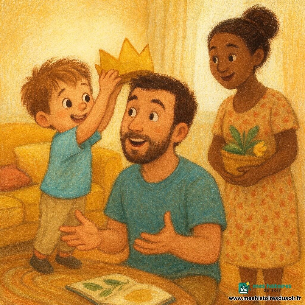 Garçon de 4 ans au visage rond et cheveux châtain clair en bataille, yeux grands et malicieux, en t‑shirt bleu ciel et pantalon beige pose une couronne en papier de travers sur la tête de son père. Le père, ~32 ans, barbe courte, cheveux bruns, sourire tendre et surpris, est assis sur un canapé moutarde, inclinant la tête et ouvrant les mains vers l'enfant. La mère, ~30 ans, cheveux en chignon lâche, robe à motifs doux, se tient debout derrière le canapé avec un panier contenant des feuilles et une fleur jaune, regardant la scène avec affection. Le salon, chaleureux et lumineux, sol en bois clair, tapis à motifs circulaires, coussins empilés formant un fort, table basse en bois avec gobelets colorés et herbier ouvert; ambiance tendre de fête des pères, couleurs chaudes, textures pastel et lumière dorée filtrant par la fenêtre.