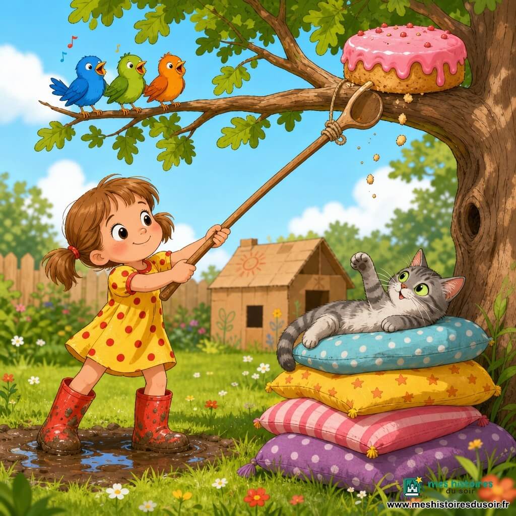 Fille de 4 ans debout sur la pelouse, visage rayonnant et concentré, yeux grands et souriants, cheveux châtain clair en couettes, robe jaune à pois rouges, bottes rouges boueuses, tirant doucement une longue cuillère en bois transformée en grappin ; un chat gris rayé aux yeux verts, allongé près d’une pile de coussins, la regarde avec curiosité et une patte levée ; trois petits oiseaux colorés (bleu, vert, orange) perchés sur la branche au-dessus, inclinés vers le gâteau comme s’ils chantaient ; un gros gâteau rond au glaçage rose posé sur une branche haute d’un vieux chêne, quelques miettes tombant doucement ; jardin ensoleillé avec herbe verte, une flaque de boue brillante, des coussins empilés et une petite cabane en carton en arrière-plan ; la fillette invente un grappin bricolé et tire pour faire glisser le gâteau, tension douce et drôle, ambiance d’essai et de joie.