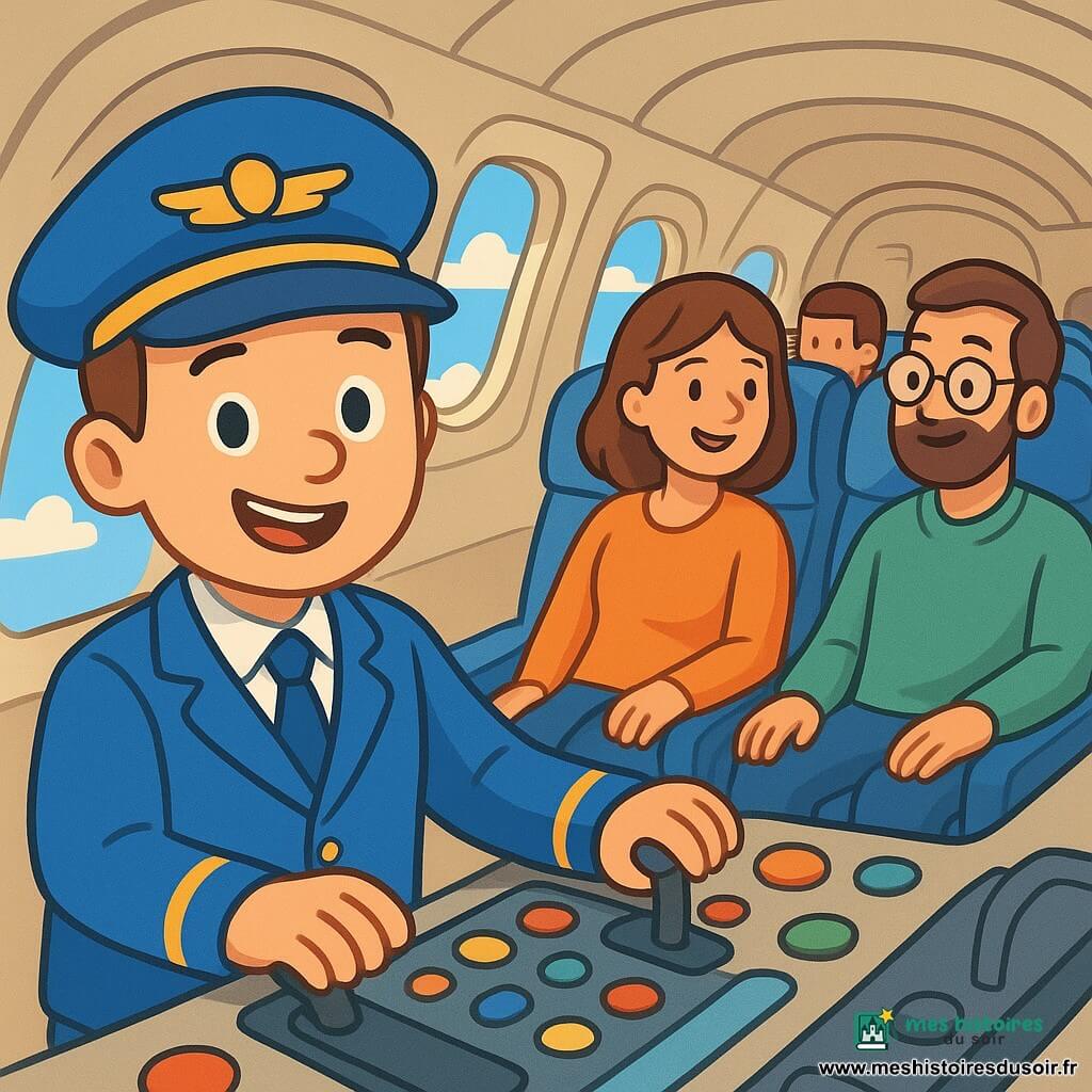 Un homme, Lucas, est le pilote d'un grand avion blanc, souriant et excité. Il porte une veste bleue brillante et une casquette avec des ailes dorées, debout dans le cockpit, entouré de boutons colorés, regardant à travers le hublot. À l'arrière, une dame d'une trentaine d'années discute avec un homme d'une quarantaine d'années. Ils échangent des places, leurs visages illuminés par la joie. L'intérieur de l'avion est moderne, avec des sièges confortables et des hublots laissant passer la lumière. Lucas prépare le décollage, rassurant les passagers, tandis que l'avion roule sur la piste, prêt à s'envoler vers le ciel bleu.
