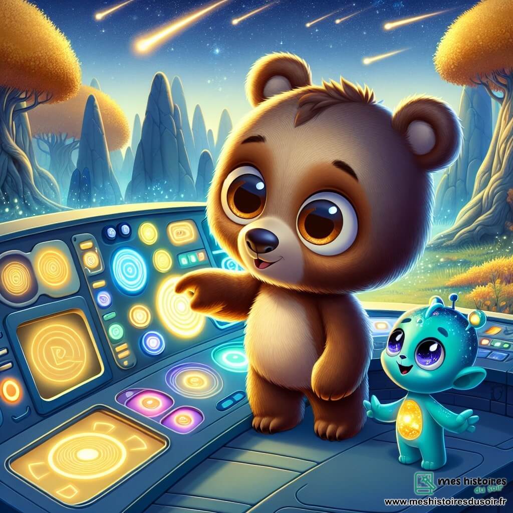 Un jeune ours brun nommé Orso, aux grands yeux ronds et au pelage doux, exprime de l’émerveillement en explorant un vaisseau spatial brillant, rempli de boutons colorés et d'écrans clignotants. À ses côtés, un petit extraterrestre turquoise nommé Ziri, avec une peau scintillante et de grands yeux expressifs, sourit en montrant à Orso un bouton lumineux. Le vaisseau est dans une clairière enchantée, entourée d’arbres majestueux aux feuilles dorées, sous un ciel étoilé avec des étoiles filantes. Orso et Ziri découvrent ensemble les merveilles technologiques du vaisseau, captivés par les lumières et les sons fascinants.