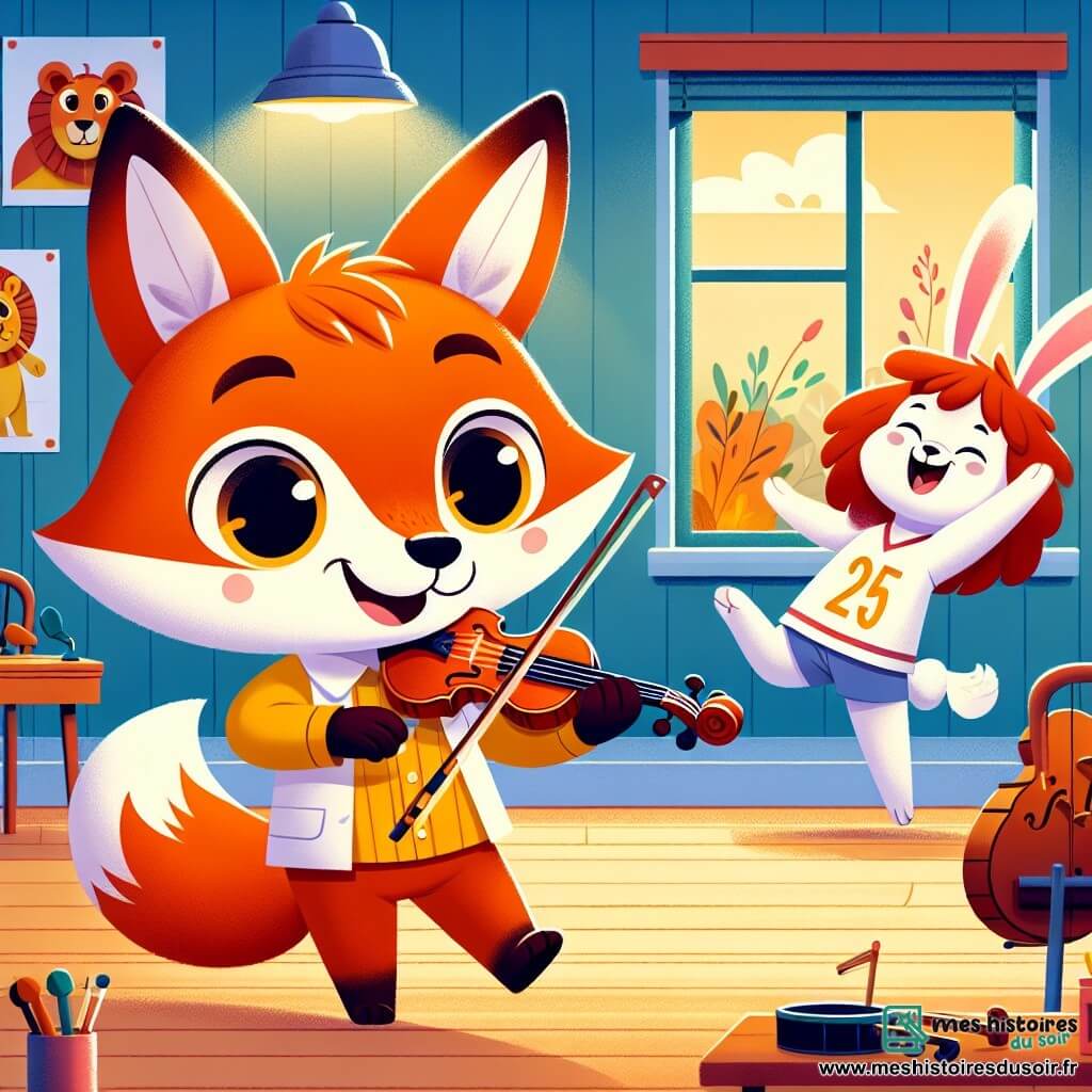 Illustration d'un renard mâle au pelage orange vif jouant du violon avec un sourire, entouré d'une lapine blanche en maillot de football qui applaudit, et d'un lion amical en arrière-plan. La scène se déroule dans une salle de classe colorée, avec des instruments de musique et des notes flottantes, illustrant une atmosphère joyeuse et inclusive où chacun peut exprimer ses passions.