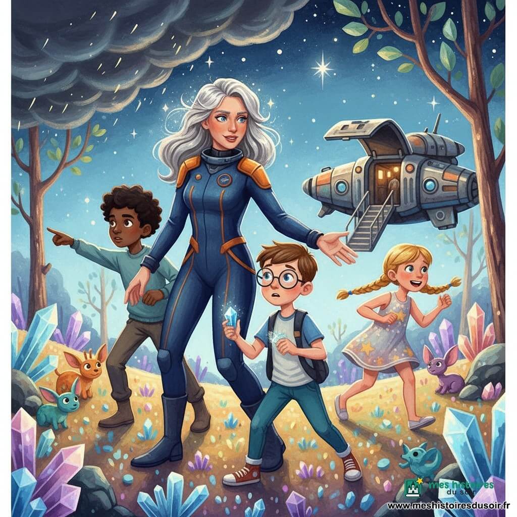 La capitaine Stella, pilote au visage déterminé et bienveillant et aux cheveux argentés, est au centre, tendant la main pour aider les enfants : Max, ~9 ans, lunettes rondes, tenant un petit cristal bleu scintillant, Lisa, ~8 ans, tresses dorées courant vers le vaisseau en regardant le ciel, et Ali, ~10 ans, peau mate et cheveux bouclés, pointant un nuage sombre ; la scène se déroule dans une clairière de la planète Zog, sol couvert de cristaux lumineux et arbres translucides, petits animaux aux grandes oreilles regardant, tandis qu’une tempête d’électrons approche et que le vaisseau Nova Explorer, métallique et coloré, attend la montée, créant une urgence douce.