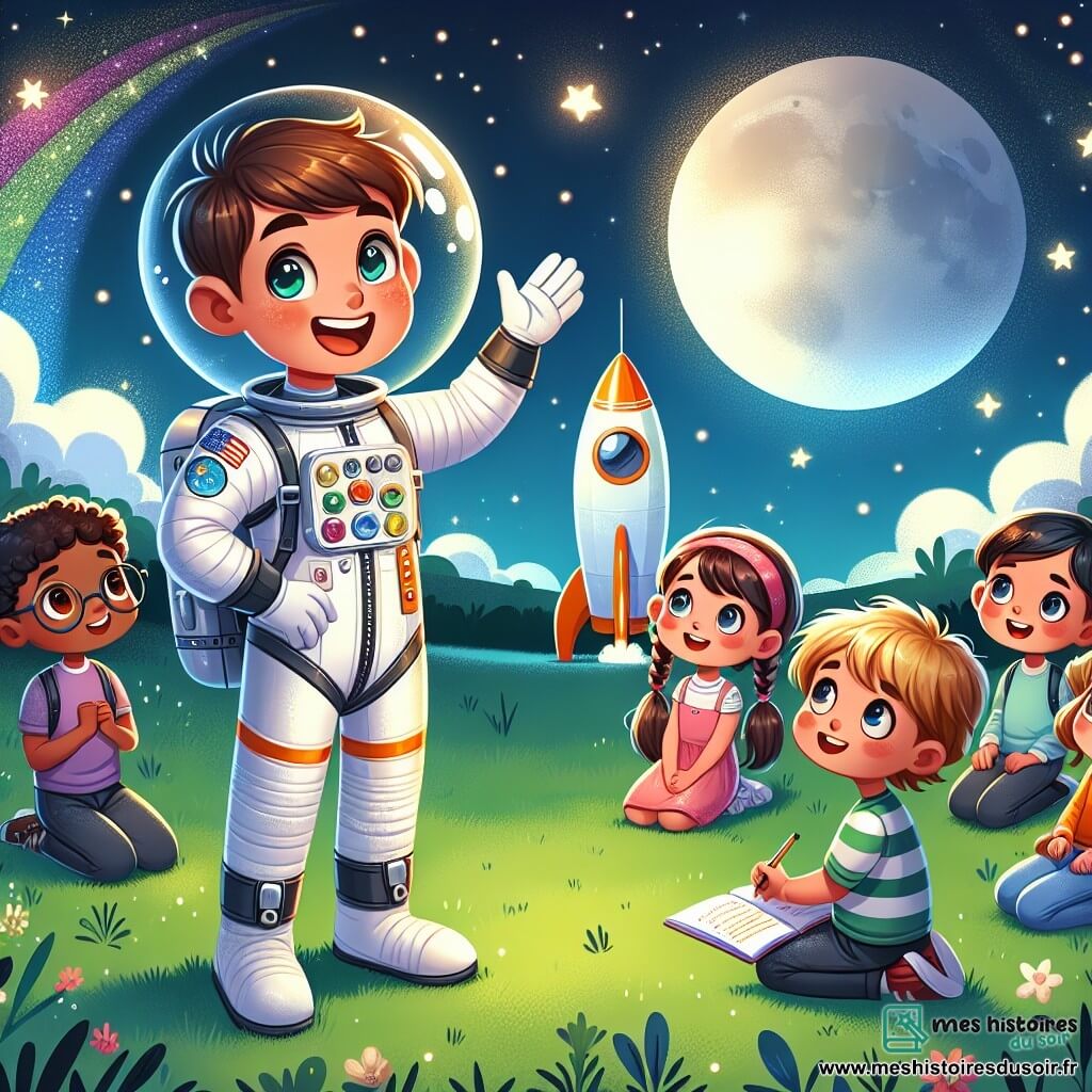 Un astronaute nommé Max se tient devant sa fusée brillante, souriant. Il porte une combinaison spatiale blanche avec des détails colorés, un casque transparent et des gants, entouré d’étoiles scintillantes dans le ciel nocturne. À côté de lui, quatre enfants (deux garçons et deux filles, âgés de 6 à 8 ans) l'écoutent avec émerveillement. Le premier garçon, aux cheveux bruns, pose une question, tandis que la première fille, avec des tresses, regarde Max avec curiosité. Le deuxième garçon, portant des lunettes, prend des notes, et la deuxième fille, aux cheveux bouclés, saute de joie. La scène se déroule sur un terrain verdoyant sous un ciel étoilé, avec la fusée argentée prête à décoller. Max raconte ses aventures spatiales, captivant les enfants qui rêvent de devenir astronautes.