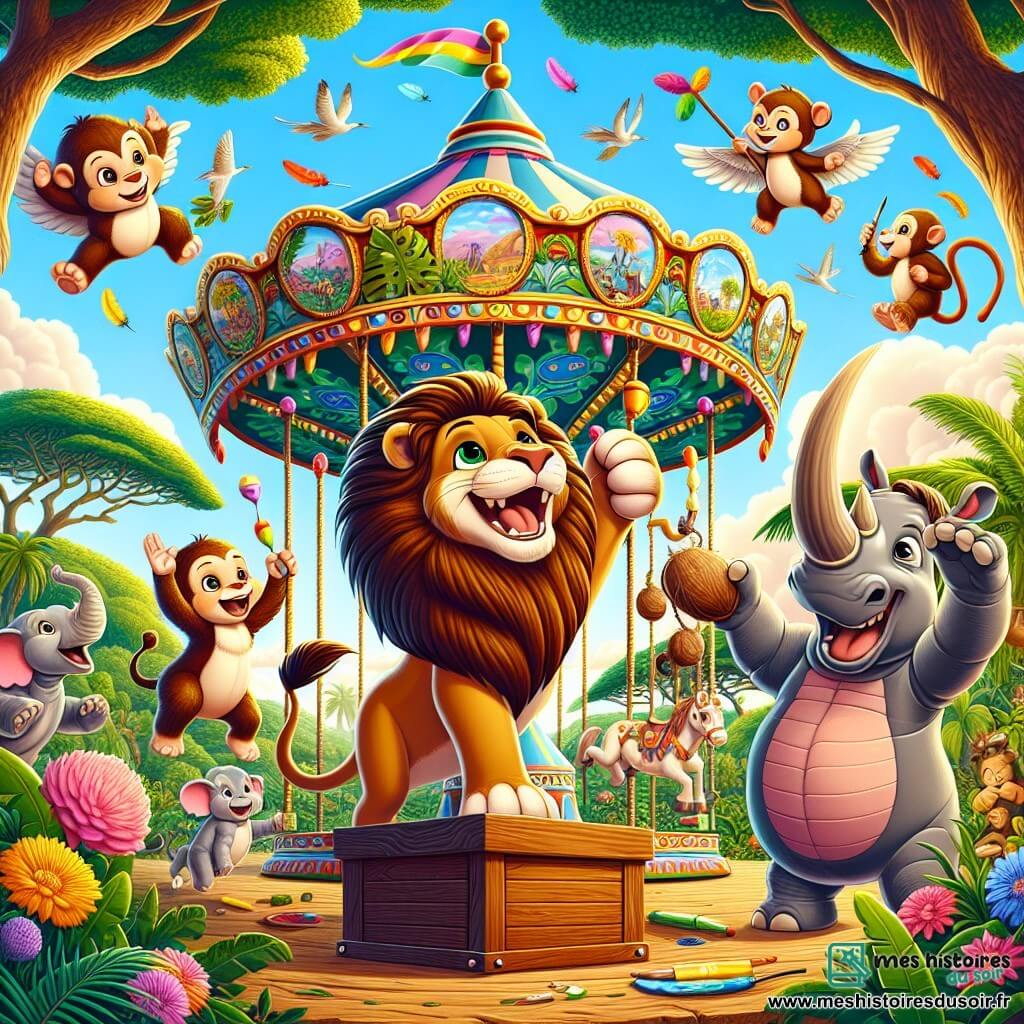 Léon le Lion, un lion majestueux avec une crinière dorée, se tient sur une boîte en bois, prêt à annoncer l'inauguration de son manège volant. À ses côtés, Rita la Rhinocéros, une grande rhinocéros grise avec des taches roses, peint des motifs colorés sur les sièges, souriante. Max le Singe, un petit singe espiègle, jongle avec des noix de coco en riant. La scène se déroule dans une jungle vibrante, remplie de feuillages, de fleurs et d'arbres majestueux, sous un ciel bleu. Au centre, le manège volant, coloré et décoré de plumes, tourne joyeusement, tandis que des animaux de la jungle applaudissent et rient, créant une atmosphère festive.