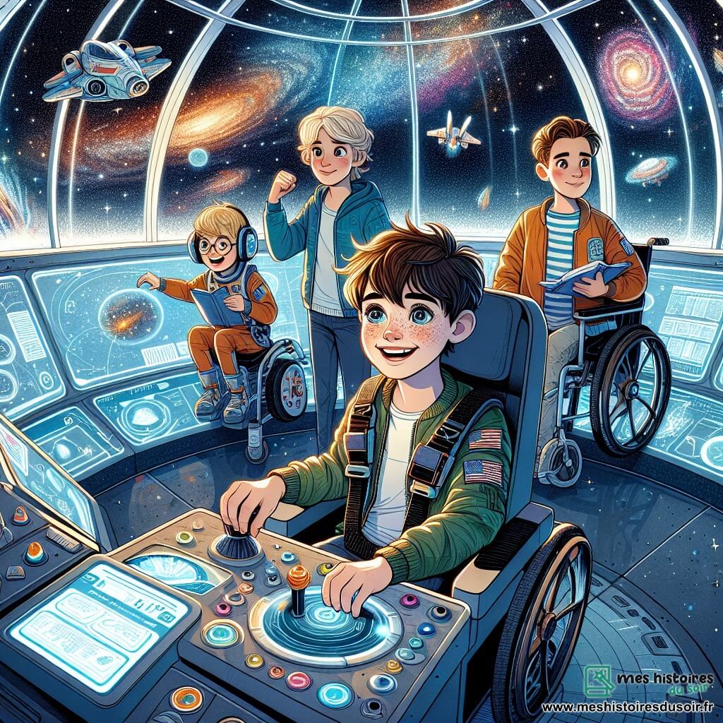 Quatre garçons de onze ans se trouvent dans une salle futuriste de l'Holo-Dôme. Léo, avec des cheveux bruns en bataille et un sourire éclatant, est assis dans un cockpit de simulateur de vol, prêt à décoller. Max, aux cheveux blonds, est à côté de lui, vêtu d'une combinaison de pilote colorée. Hugo, avec des lunettes rondes et un livre sous le bras, observe les écrans holographiques affichant des paysages interstellaires. Sam, en fauteuil roulant, ajuste des paramètres techniques sur un écran de contrôle. La salle immense, aux murs translucides, projette des images de galaxies et des vaisseaux spatiaux miniatures flottent autour d'eux, créant une atmosphère magique. Les garçons sont prêts pour une aventure vers des mondes lointains, entourés d'hologrammes de planètes et d'étoiles.