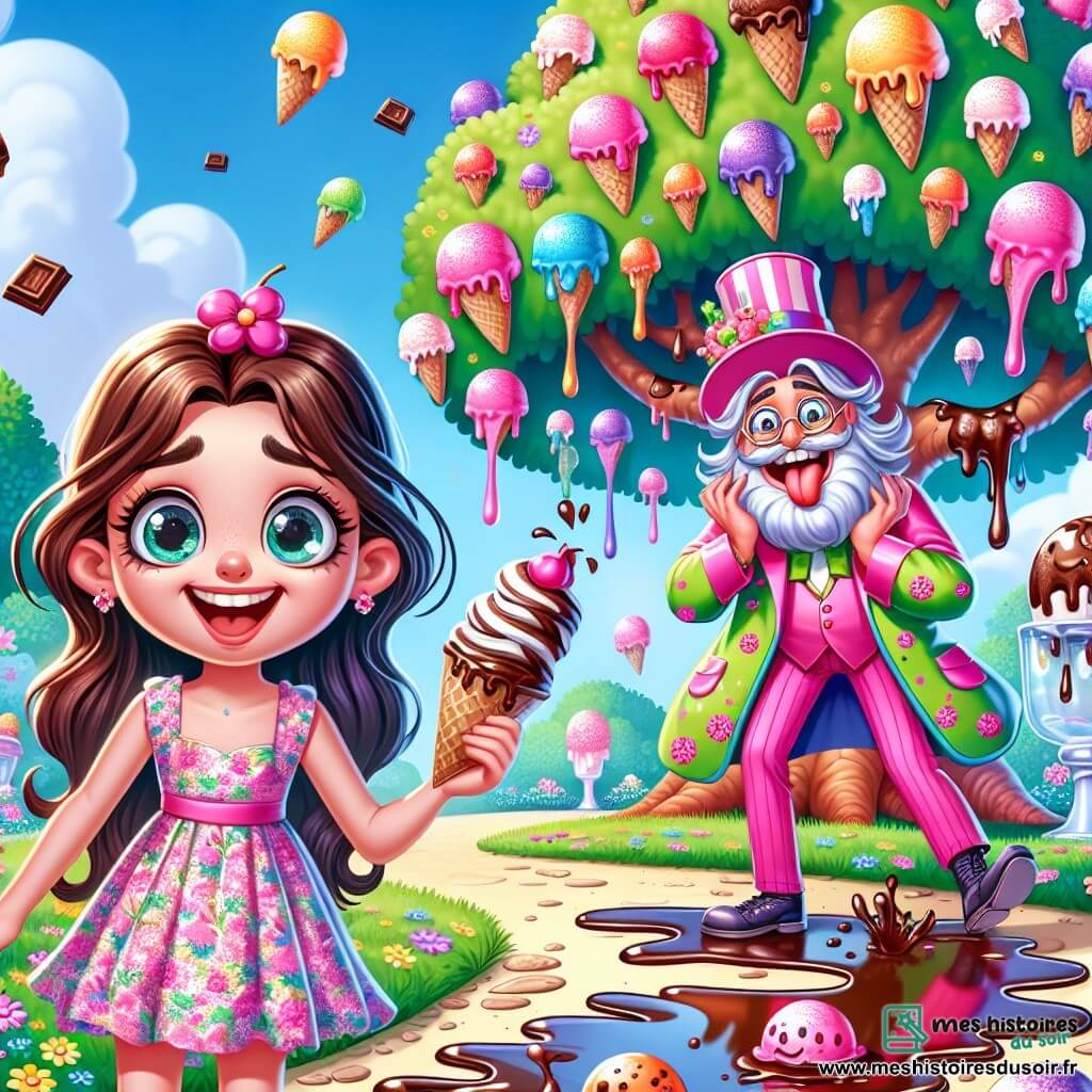 Lili, une petite fille de 8 ans aux longs cheveux bruns et aux yeux curieux, se tient devant un arbre magique qui produit des glaces. Elle porte une robe colorée à motifs floraux et sourit de joie. À ses côtés, le Professeur Zazou, un homme excentrique d'environ 50 ans en costume rose et chapeau en forme de gâteau, glisse sur une flaque de chocolat fondu en riant. Le décor est un parc ensoleillé avec des arbres, des fleurs et un ciel bleu. L'arbre magique projette des boules de glace multicolores dans les airs, tandis que Lili et le Professeur Zazou courent pour attraper une boule de glace espiègle, ajoutant de l'excitation à cette scène colorée.
