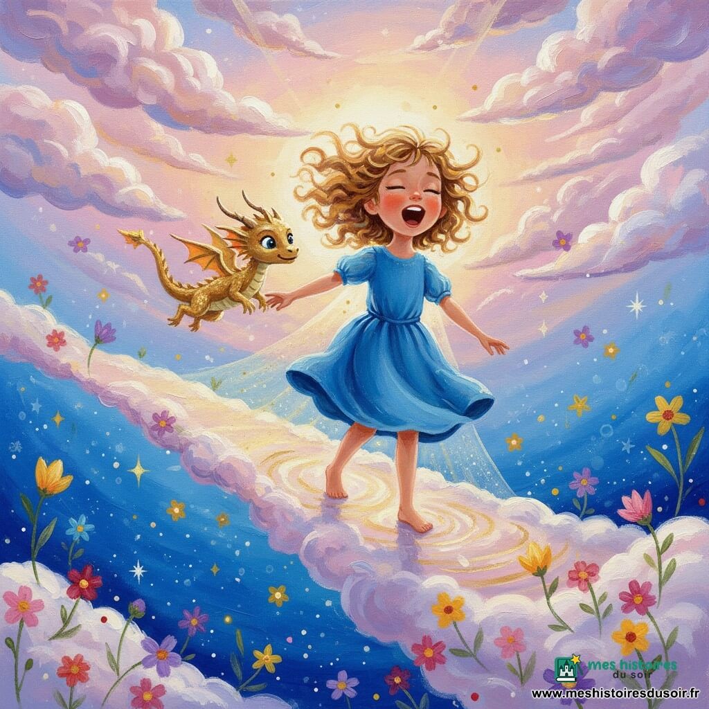 Une fillette de six ans, aux cheveux bouclés couleur miel et aux grands yeux brillants, porte une robe bleue flottante et chante en avançant sur un pont de nuages tandis qu'un petit dragon doré aux écailles scintillantes vole à ses côtés pour la guider ; le pont surplombe un abîme bleu, bordé de fleurs lumineuses et d'étoiles, sous un ciel pastel, et son chant fait vibrer les nuages en créant un chemin sûr, avec textures cotonneuses, reflets dorés et un voile de lumière autour de ses pas.