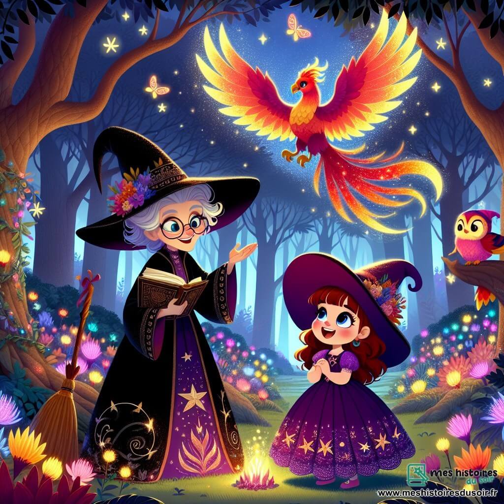 Lila, une apprentie sorcière de 8 ans, se tient au centre de la scène, les yeux brillants d'excitation. Elle porte une robe violette ornée d'étoiles dorées et un chapeau pointu trop grand, tenant un balai magique. Son sourire radieux illumine son visage alors qu'elle observe un phénix flamboyant volant au-dessus d'elle, ses plumes dorées et rouges scintillant au soleil. À côté d'elle, Héloïse, une sorcière excentrique de 60 ans avec des cheveux gris en désordre et une robe noire à motifs de lunes argentées, lui sourit fièrement en tenant un grimoire ouvert. Le décor est une forêt enchantée avec des arbres majestueux, des fleurs magiques éclatantes et des lucioles dansant dans l'air. Lila s'approche du phénix, qui lui a donné une plume dorée en signe de respect, prête à accomplir sa mission sous le regard bienveillant d'Héloïse.