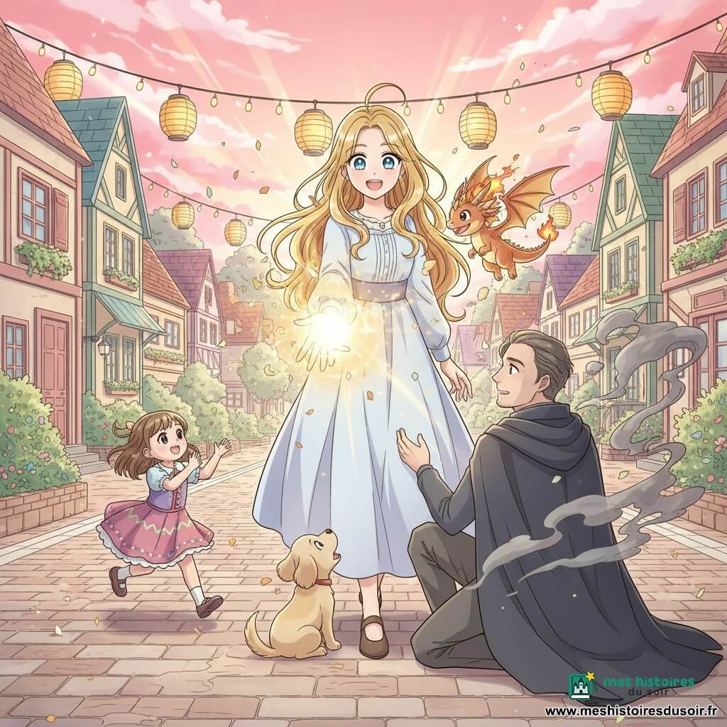 Lila, jeune femme souriante aux longs cheveux ondulés dorés et yeux bleu clair, tend la main en lançant une boule de lumière chaude jaune scintillante ; Flamme, petit dragon doré et rouge de la taille d’un chat, vole en crachant de petites flammes ambrées ; Biscuit, petit chien beige, est assis au pied de Lila, émerveillé ; l’Ombromant, homme d’une quarantaine d’années en cape sombre, est à genoux, surpris tandis que les ténèbres s’évaporent en fumée grise ; une fillette en robe colorée applaudit et court depuis la gauche ; le tout se déroule sur une grande place pavée aux maisons colorées et jardins fleuris, sous un ciel de crépuscule rose-orangé, dans une atmosphère de réconciliation et de fête avec lumière douce, confettis et étincelles.