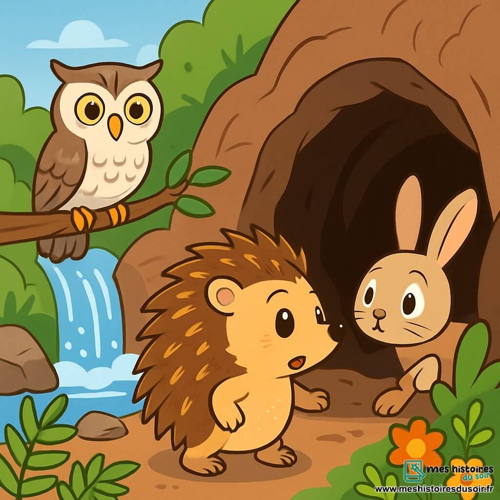 Un petit hérisson nommé Picotin, avec des piquants bruns et dorés, se tient devant une grotte sombre, ses yeux pétillants de curiosité. À ses côtés, une chouette nommée Sereine, aux plumes blanches et grises, l'observe, prête à aider. Un lapin espiègle, Fripon, avec un pelage doux, se tient derrière Picotin, ses grandes oreilles dressées. La scène se déroule près d'une cascade scintillante, entourée de fougères et de fleurs colorées. Picotin s'apprête à entrer dans la grotte mystérieuse pour découvrir l'origine d'empreintes étranges qui inquiètent les animaux de la forêt.