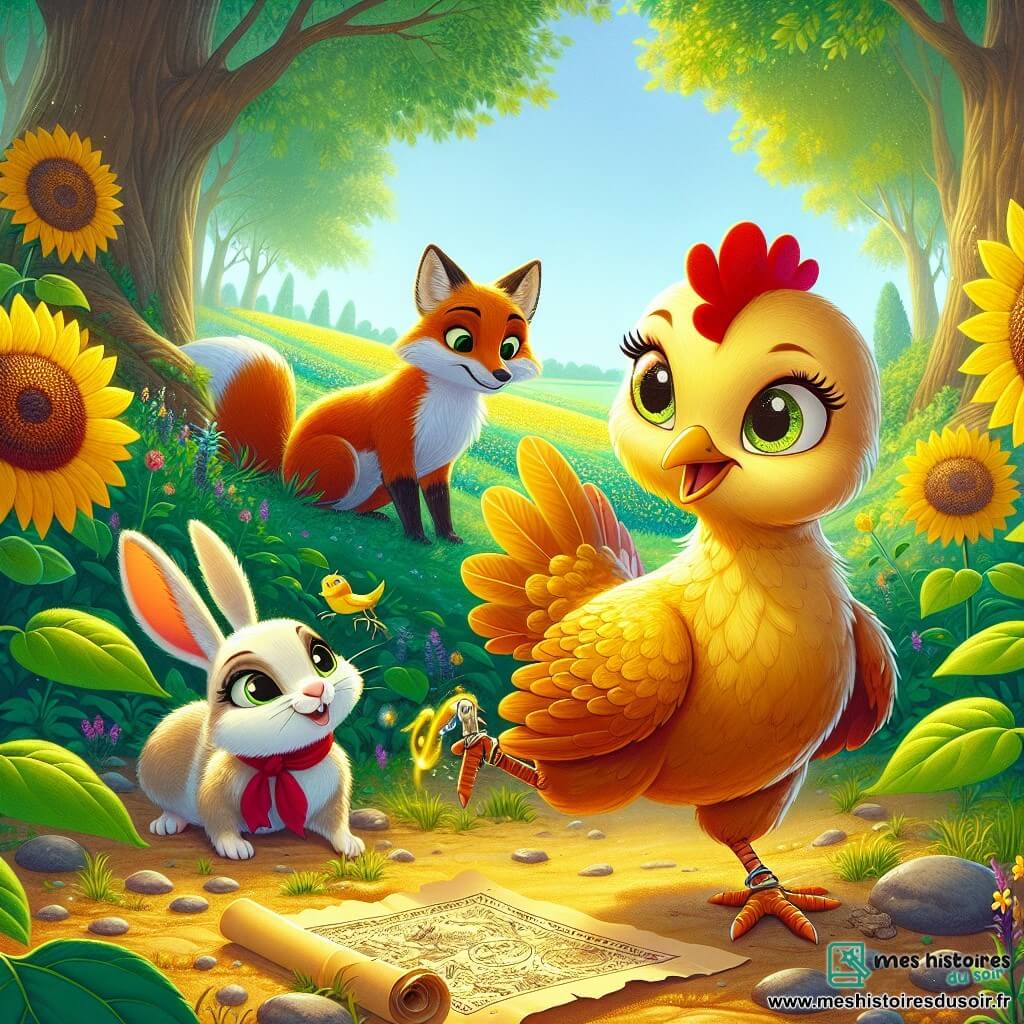 Coqueline, une petite poule aux plumes dorées, se tient fièrement au centre de la scène, ses yeux pétillants de curiosité. Elle gratte le sol et découvre un ancien parchemin, son expression émerveillée. À ses côtés, Renardo, un renard rusé au pelage roux, observe attentivement, tandis qu'Églantine, une lapine aux grandes oreilles et au pelage blanc, se tient légèrement en arrière, prête à bondir. La scène se déroule dans la clairière des Tournesols, baignée de lumière dorée, entourée de grands arbres. Coqueline vient de découvrir une carte menant à un trésor caché, l'Oeuf d'Or, et son cœur bat d'excitation à l'idée de l'aventure qui les attend.