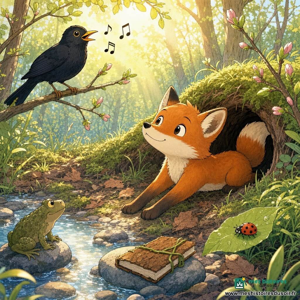 Noisette, un petit renard roux au pelage doux et aux oreilles rondes, sort la tête de son terrier, l’air curieux et serein, renifle l’air et tient contre sa poitrine un carnet d’écorce relié par une liane ; un merle noir au bec jaune chante sur une branche basse à gauche, une coccinelle rouge à pois noirs se promène sur une feuille proche et un crapaud vert olive, assis sur un caillou au bord du ruisseau, observe Noisette ; clairière de printemps aux herbes couvertes de rosée, bourgeons, ruisseau d’eau claire sur cailloux polis et sol de feuilles sèches et mousse ; moment paisible de découverte matinale où Noisette s’étire, note ses impressions dans son carnet posé sur un caillou tandis que la lumière dorée traverse les feuilles.