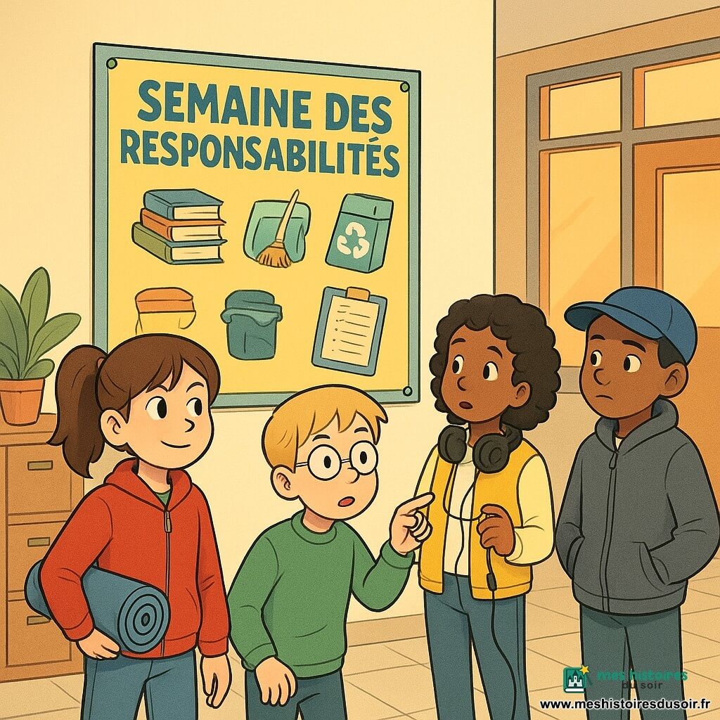 Quatre enfants se tiennent dans le hall d'une école en fin d'après-midi : Lina, 9 ans, fille aux cheveux bruns en queue de cheval, veste rouge et jean, tient un tapis de gym, au premier plan à gauche ; Noé, 9 ans, garçon aux cheveux blonds courts, pull vert et lunettes rondes, lit l'affiche en pointant du doigt, légèrement au centre-gauche ; Inès, 8 ans, fille aux cheveux bouclés noirs, gilet jaune et casque audio autour du cou, montre un câble et un petit boîtier de sono, au centre-droit près de la porte ; Sami, 9 ans, garçon à peau métisse avec casquette bleue et veste grise, mains dans les poches, regard pensif, à droite en retrait. Le hall est lumineux, carrelage clair, une grande affiche colorée « Semaine des responsabilités » est accrochée au mur, une porte vitrée laisse passer une lumière orangée, on voit quelques casiers et une plante. Les enfants, étonnés mais solidaires, se regroupent devant l'affiche pour montrer qu'ils veulent changer la répartition des tâches ; scène expressive et bienveillante aux couleurs chaudes et traits stylisés, centrée sur leurs gestes et regards.