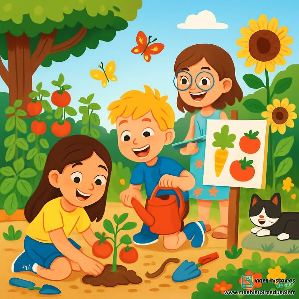 Il y a trois enfants dans un jardin partagé : Océane, une fille de 8 ans aux longs cheveux bruns, souriante, qui plante des tomates ; Max, un garçon de 8 ans aux cheveux blonds en bataille, riant avec un arrosoir ; et Zoé, une fille de 8 ans avec des cheveux châtains et des lunettes, qui dessine un panneau coloré. Le jardin est rempli de plantes colorées, de fleurs éclatantes et de légumes, sous un ciel bleu clair et un vieux chêne. Les enfants travaillent ensemble, s'amusant tout en apprenant à jardiner, entourés de verdure et d'outils de jardinage.