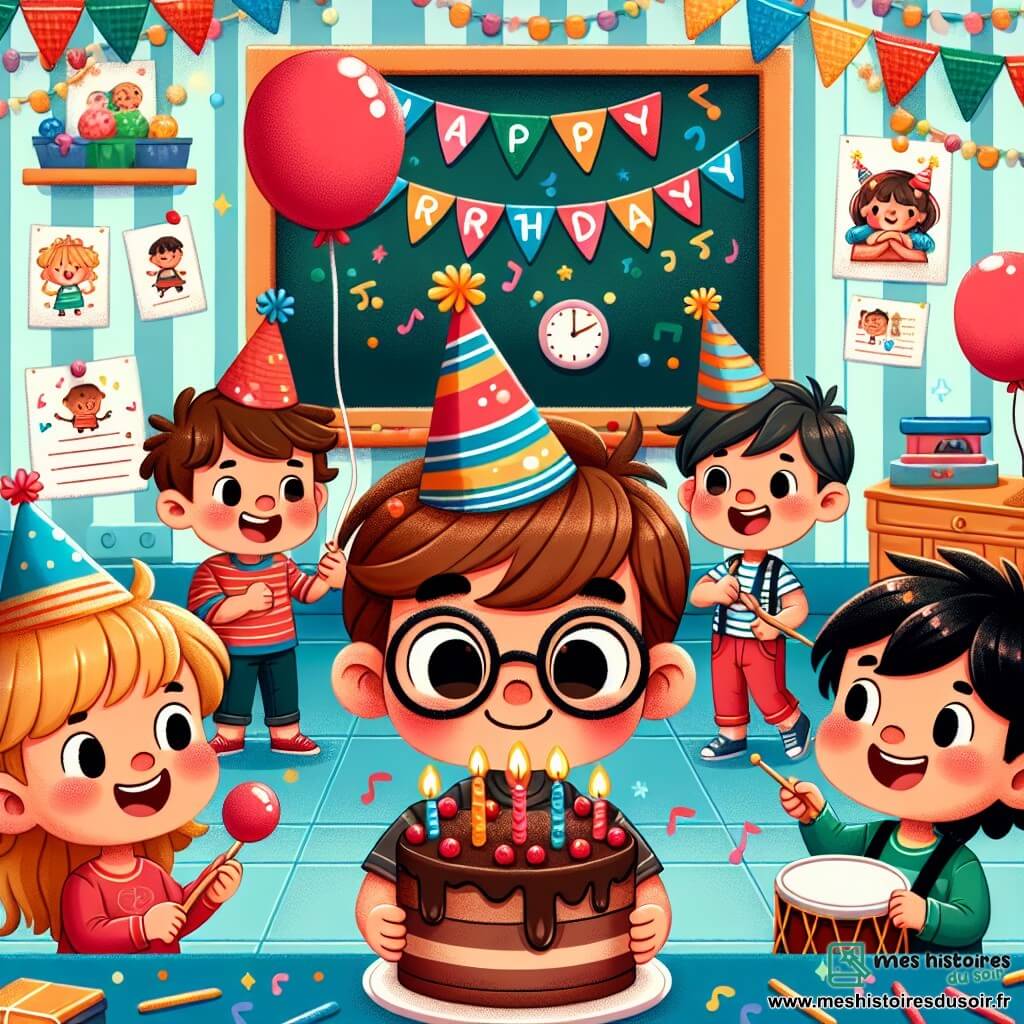 Dans une salle de classe colorée, Petit Tom, 7 ans, avec des cheveux bruns et des lunettes, porte un chapeau de fête rouge et tient un ballon rouge. À ses côtés, Petit Max, 6 ans, aux cheveux blonds, sourit avec un tambour. Un peu plus loin, Petit Léo, 7 ans, avec des cheveux noirs, se cache derrière une porte en riant. La salle est décorée de guirlandes, avec un tableau noir et des dessins d'enfants aux murs. Un gâteau au chocolat avec des bougies scintillantes est au centre de la table ornée de confettis. Petit Tom souffle ses bougies, entouré de ses amis qui chantent "Joyeux anniversaire !" dans une atmosphère festive et magique.