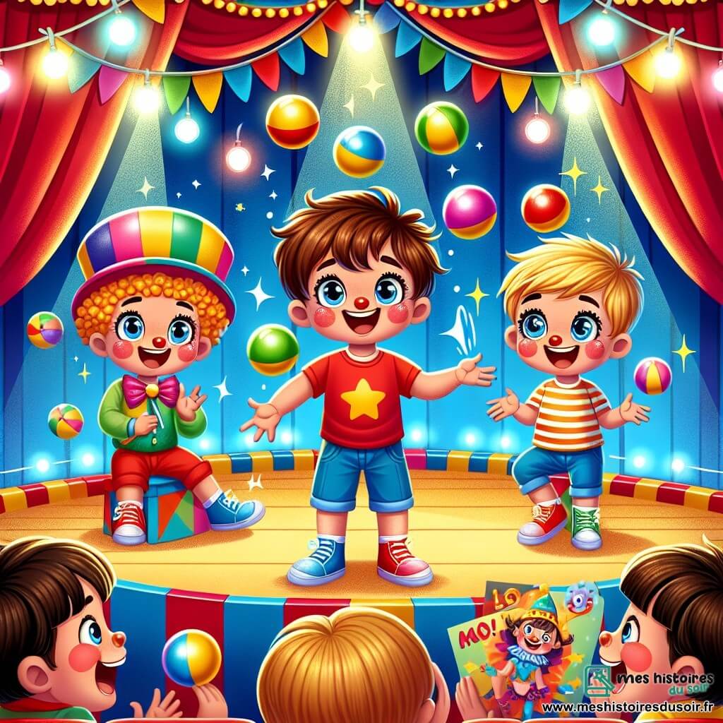 Trois garçons de quatre ans sont au centre d'un chapiteau de cirque coloré : Léo, aux cheveux bruns, jongle avec des balles colorées, Max, aux cheveux blonds, fait des grimaces avec un chapeau de clown, et Tom, aux cheveux noirs et lunettes rondes, rit en essayant de jongler. Le public, assis sur des bancs en bois, applaudit et rit, créant une atmosphère joyeuse et magique.