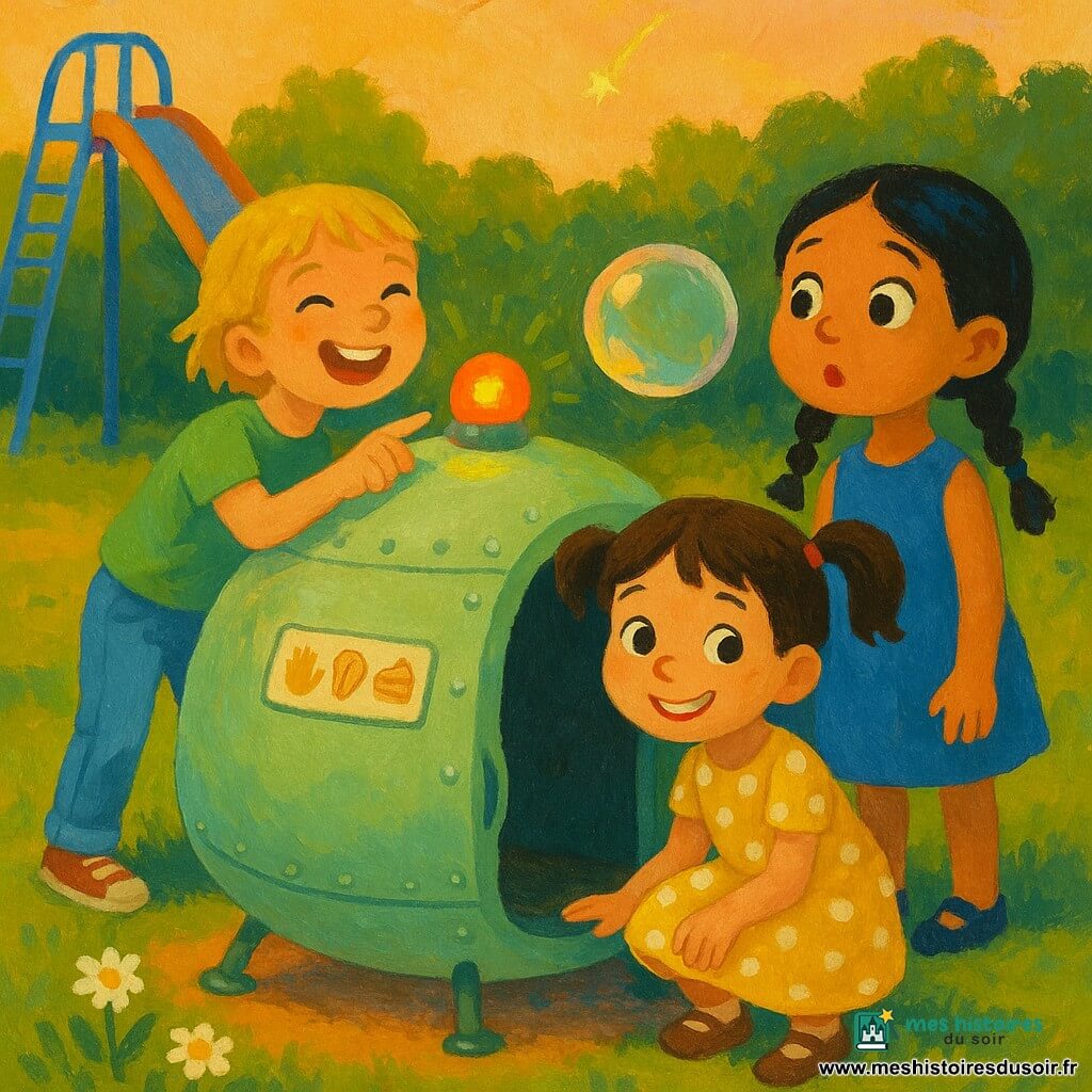 Trois fillettes de 5 ans environ : Lila (5 ans et demi, cheveux bruns en couettes, robe jaune à pois blancs) accroupie au premier plan près d'une mini-navette ronde vert pâle taille baignoire, main tendue vers sa porte en forme de sourire ; Inès (5 ans, cheveux blonds courts, t-shirt vert et jean) debout à gauche, riant et pointant un gros bouton clignotant rouge et jaune ; Maya (5 ans, cheveux noirs en tresses, robe bleue) à droite, yeux écarquillés sentant une grosse bulle de savon transparente parfum vanille qui flotte au centre. Le décor : petit parc ensoleillé au crépuscule, herbe verte parsemée de pâquerettes, grand toboggan bleu en arrière-plan à gauche, buissons feuillus et ciel clair avec une petite lumière verte tombante, ombres douces au sol. La navette est brillante, métallique et lisse avec petits rivets et un panneau illustré (main, oreille, part de gâteau) sur le flanc.