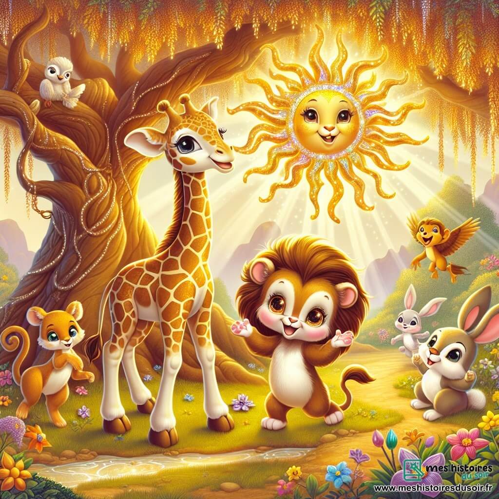 Une girafe nommée Lila, avec un long cou et des taches dorées, se tient sous un grand arbre-soleil aux feuilles scintillantes. Ses yeux pétillent d'excitation en regardant ses amis. À ses côtés, un singe nommé Coco grimpe sur une branche, riant et agitant ses bras. Un lapin nommé Poppy bondit près d'elle, souriant. Léo, un lion avec une crinière dorée, se tient fièrement à leurs côtés. La scène se déroule dans une forêt enchantée, illuminée par des rayons de soleil et parsemée de fleurs colorées. Lila et ses amis se rassemblent autour de l'arbre-soleil, prêts à lui apporter la lumière magique trouvée dans la grotte arc-en-ciel pour raviver la magie de la forêt.