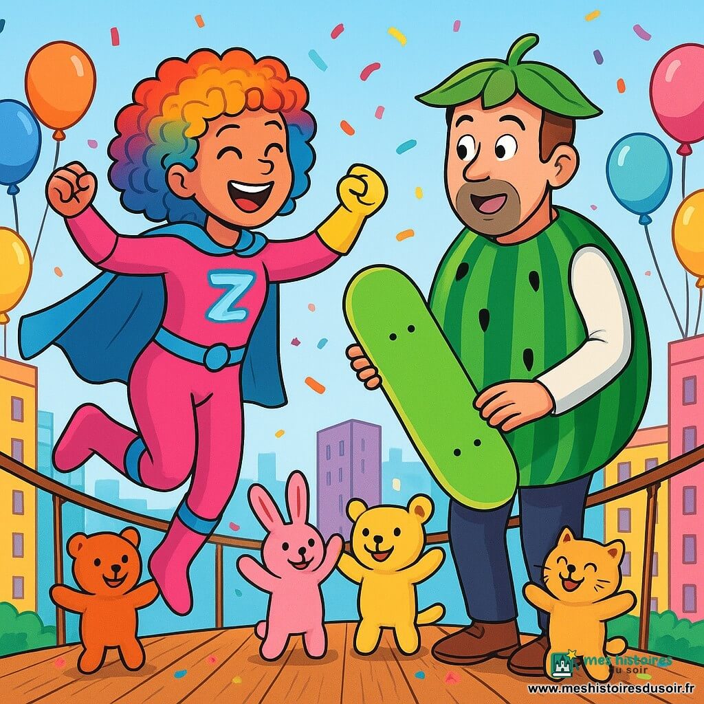 Super Zaza, une jeune femme souriante aux cheveux bouclés et colorés, porte un costume brillant aux teintes vives de rose et de bleu, avec une cape flottante. Elle saute sur une passerelle suspendue entre deux immeubles. Monsieur Melon, un homme d'environ 40 ans, est vêtu d'un costume de pastèque et se tient à côté de Zaza, tenant un skateboard en mousse. La scène se déroule sur une passerelle en bois ornée de ballons multicolores et de confettis, avec des immeubles colorés en arrière-plan. Zaza et Monsieur Melon s'apprêtent à traverser, entourés de peluches chantantes qui créent une atmosphère festive.