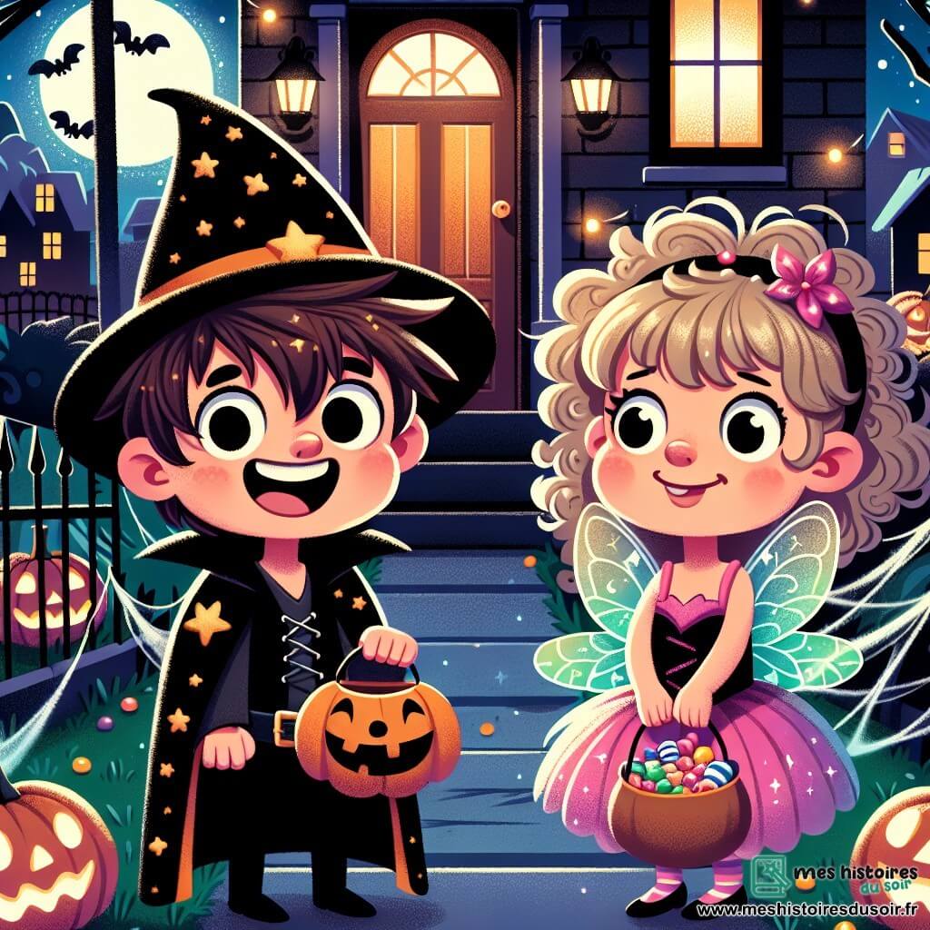 Lucas, un petit garçon de 4 ans, porte un costume de sorcier noir avec des étoiles brillantes. Il a des cheveux bruns en désordre et un grand sourire, manifestant son excitation. Devant une maison décorée de toiles d'araignée et de citrouilles illuminées, il tient un sac rempli de bonbons. À ses côtés, une petite fille de 4 ans déguisée en fée, avec des ailes scintillantes et une robe rose, sourit joyeusement. La scène se déroule pendant Halloween, dans un quartier animé avec des maisons ornées de décorations effrayantes et une pleine lune éclairant la nuit. Lucas et la petite fée, hésitant à frapper à la porte d'une grande maison noire, sont prêts pour une nouvelle aventure.