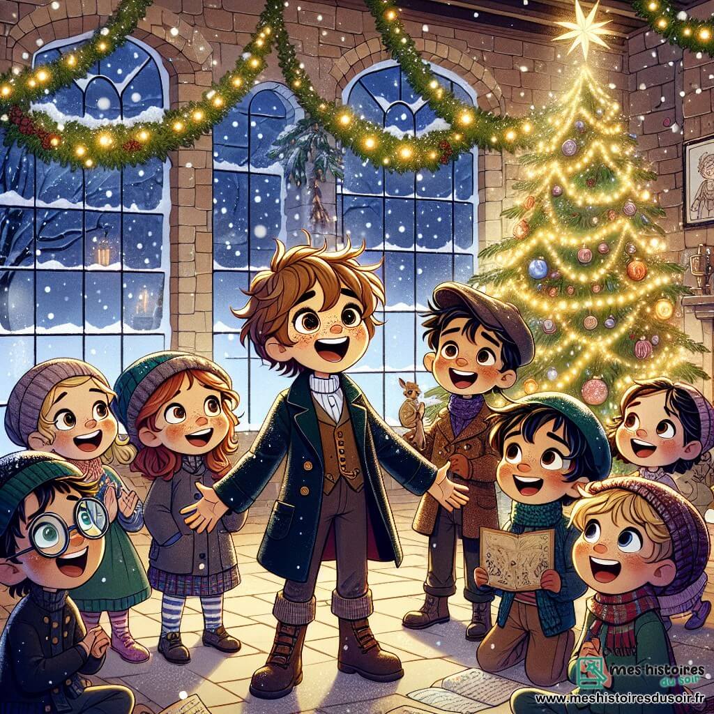 Dans un orphelinat chaleureux, Timothée, un garçon de huit ans aux cheveux en bataille et au sourire malicieux, se tient au centre, entouré de ses amis. À sa droite, Hugo, espiègle avec des lunettes rondes et des taches de rousseur, tient un panier de biscuits. À gauche, Léa, joyeuse aux cheveux longs et bouclés, récite un poème, tandis que Maxime, curieux aux yeux pétillants, applaudit. L'Orphelinat des Sapins Joyeux est décoré de guirlandes scintillantes et d'un grand sapin de Noël illuminé, avec des flocons de neige tombant doucement à l'extérieur. Les murs sont ornés de dessins d'enfants et une cheminée crépite. Les enfants partagent leur joie de Noël, chantent ensemble et offrent des cadeaux faits maison à des adultes émus, remplissant l'air de rires et de musique.
